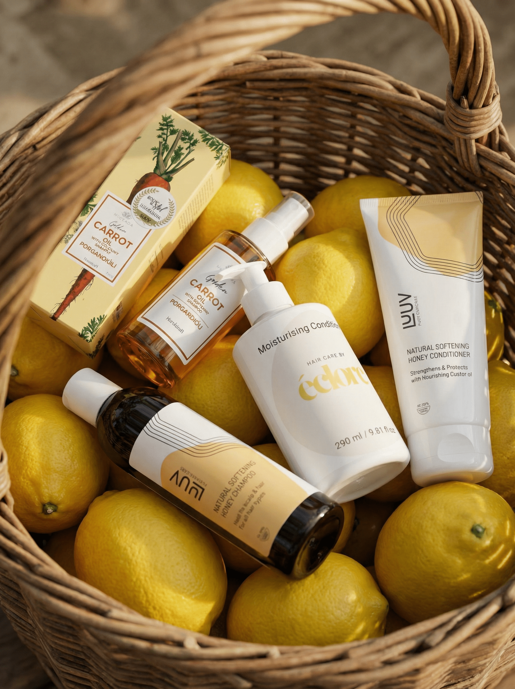 Naturlig hårvård från éclore - Schampo, balsam och hårolja med citrusextrakt i vävd korg