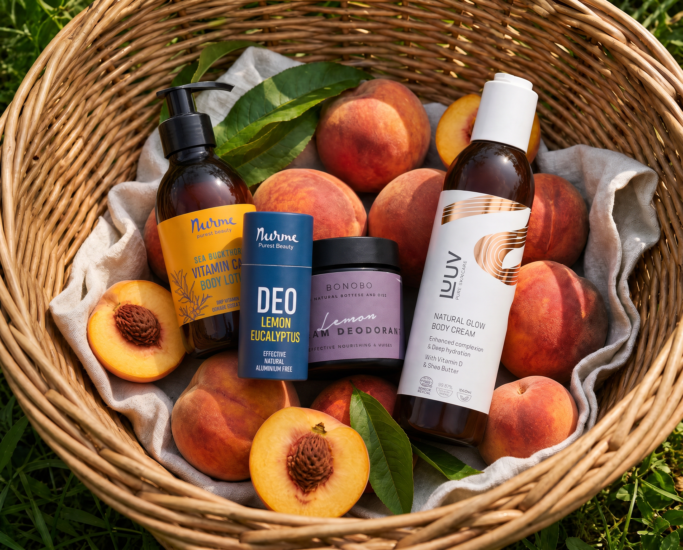Naturlig kroppsvård – bodylotion, deodorant, kroppskräm och deodorant cream bland persikor