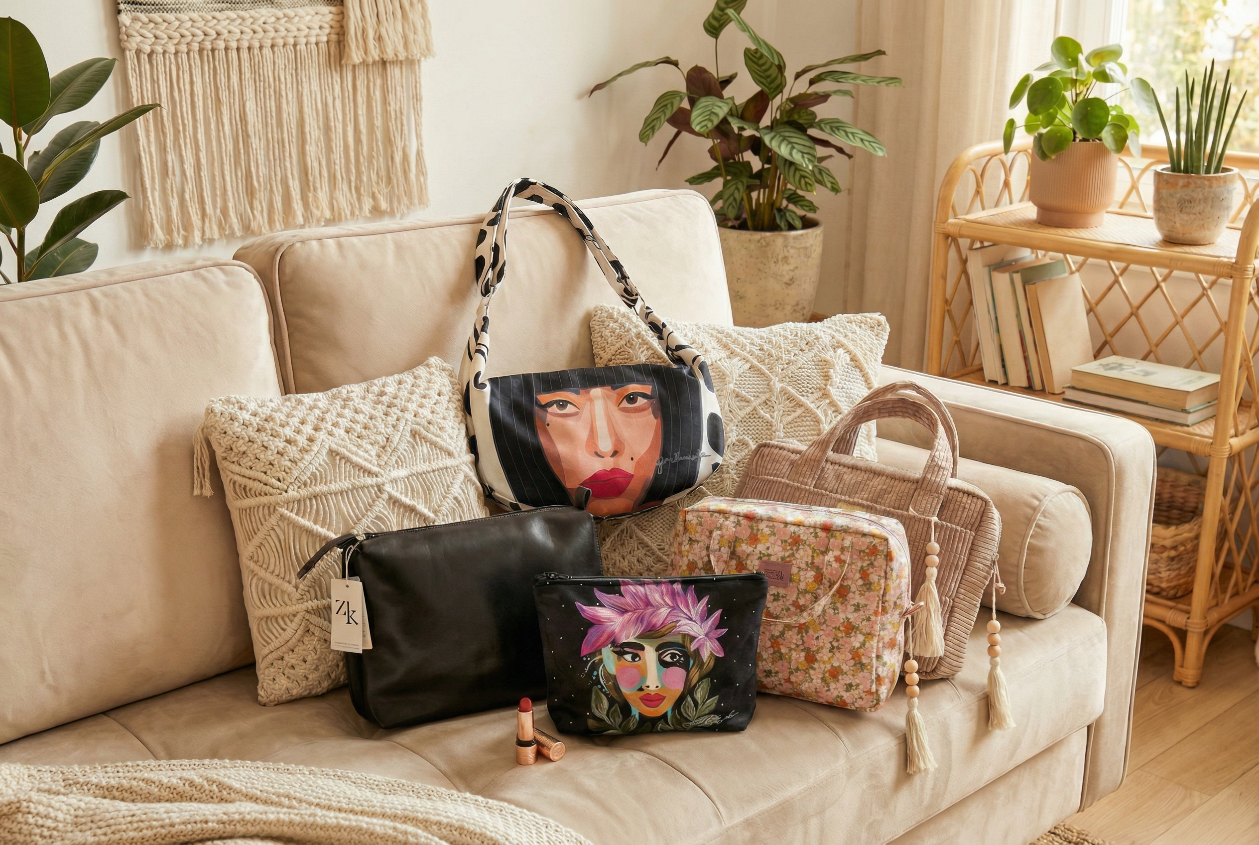 Handgjorda sminkväskor och necessärer från éclore - Unika designer i olika storlekar på soffa i skandinaviskt hem