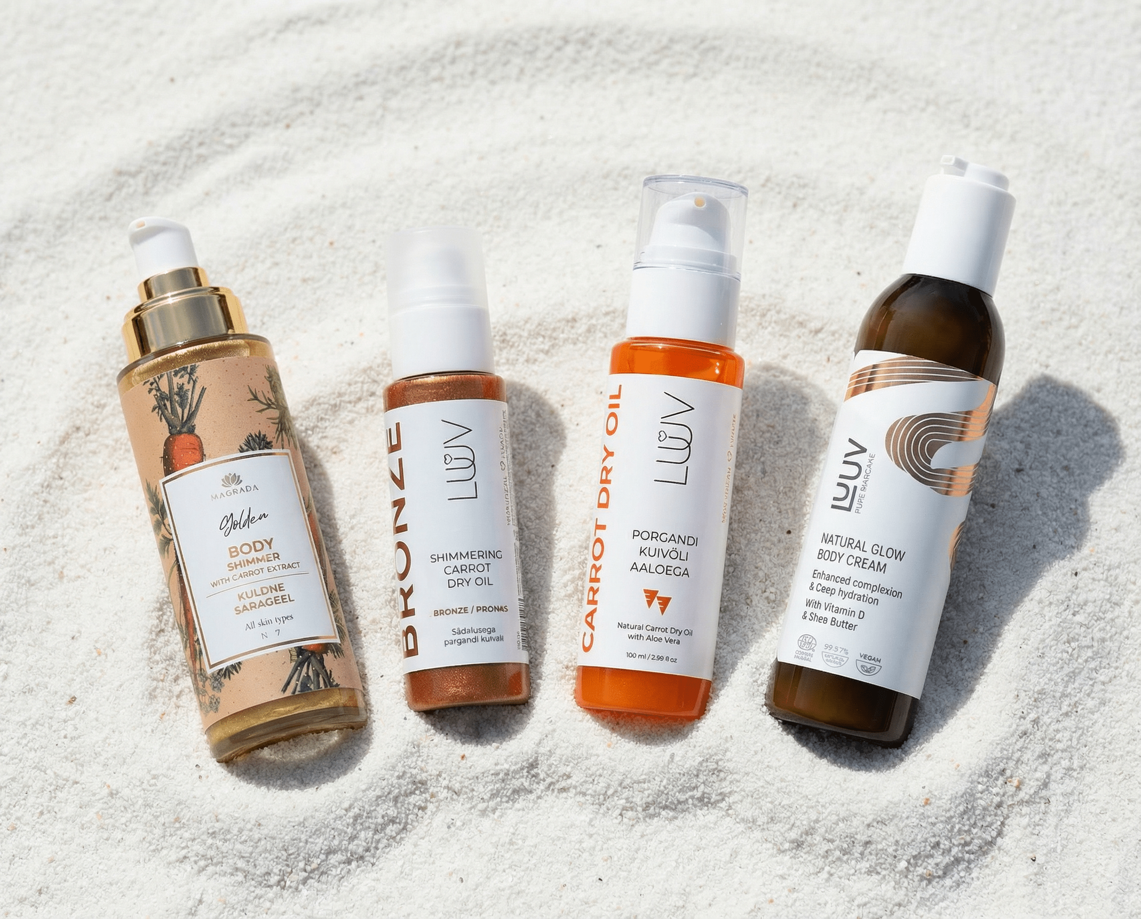 Brun utan sol sortiment - Självbrunande mousse, lotion, dry oil, shimmer oil, serum och drops för naturlig, jämn solbränna i olika toner