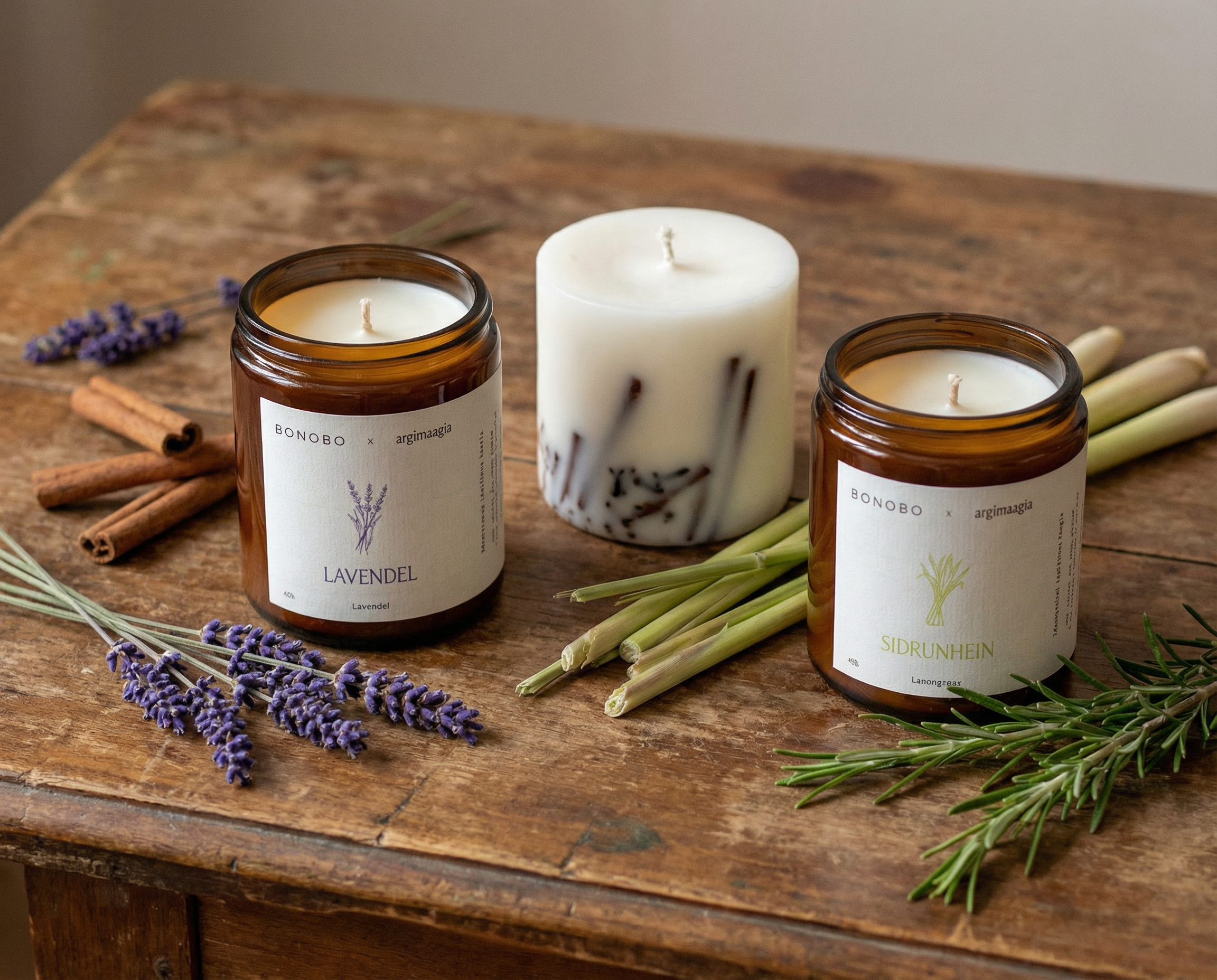 Naturliga doftljus och veganska ljus i bärnstensfärgade glasburkar. Kollektion med dofterna lavendel och citrongräs från Éclore, dekorerade med örter och kryddor på en bakgrund av trä.