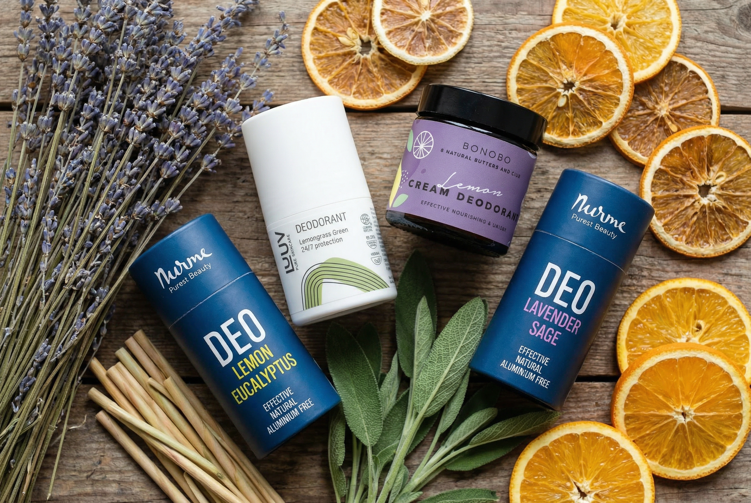 Naturlig aluminiumfri deodorant från Nurme, LUUV och BONOBO – veganska deodoranter med lavendel, salvia och citron