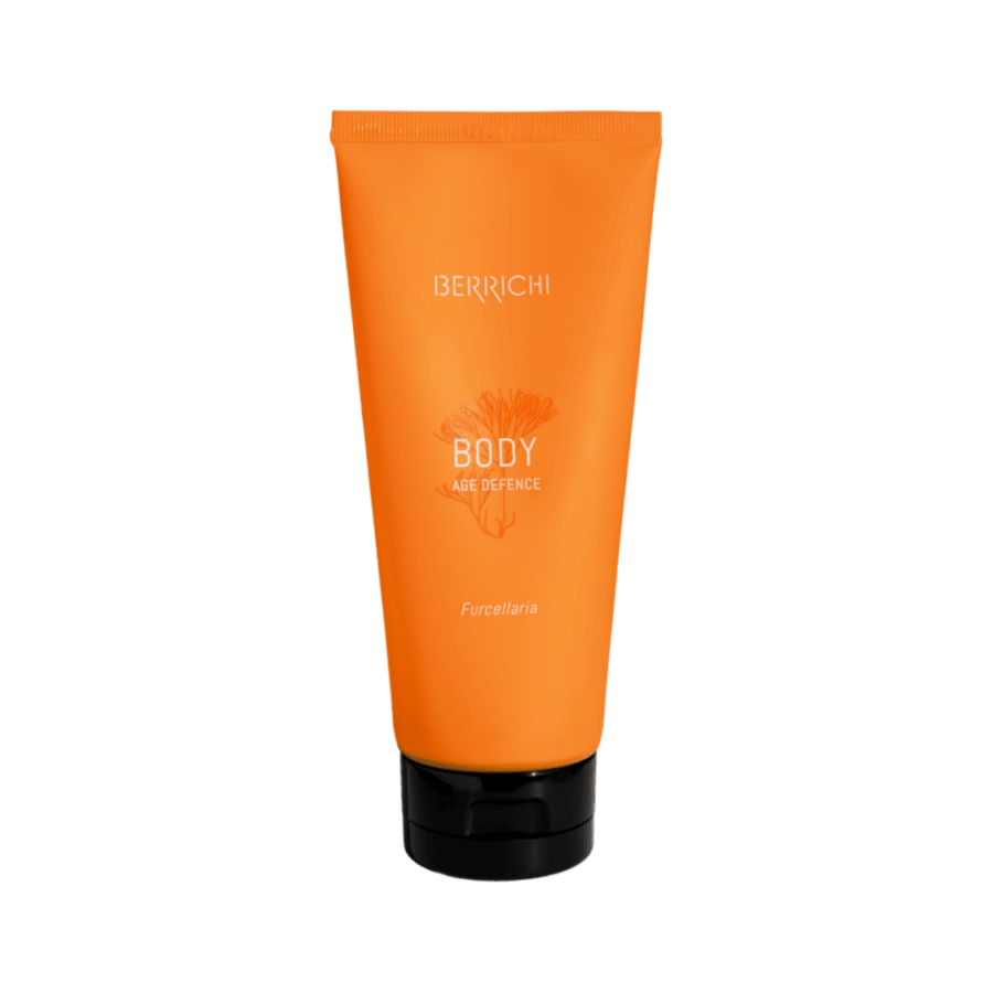 Orange krämtub med svart lock från Berrichi Body Age Defence, 200ml hudvårdskräm med elegant design