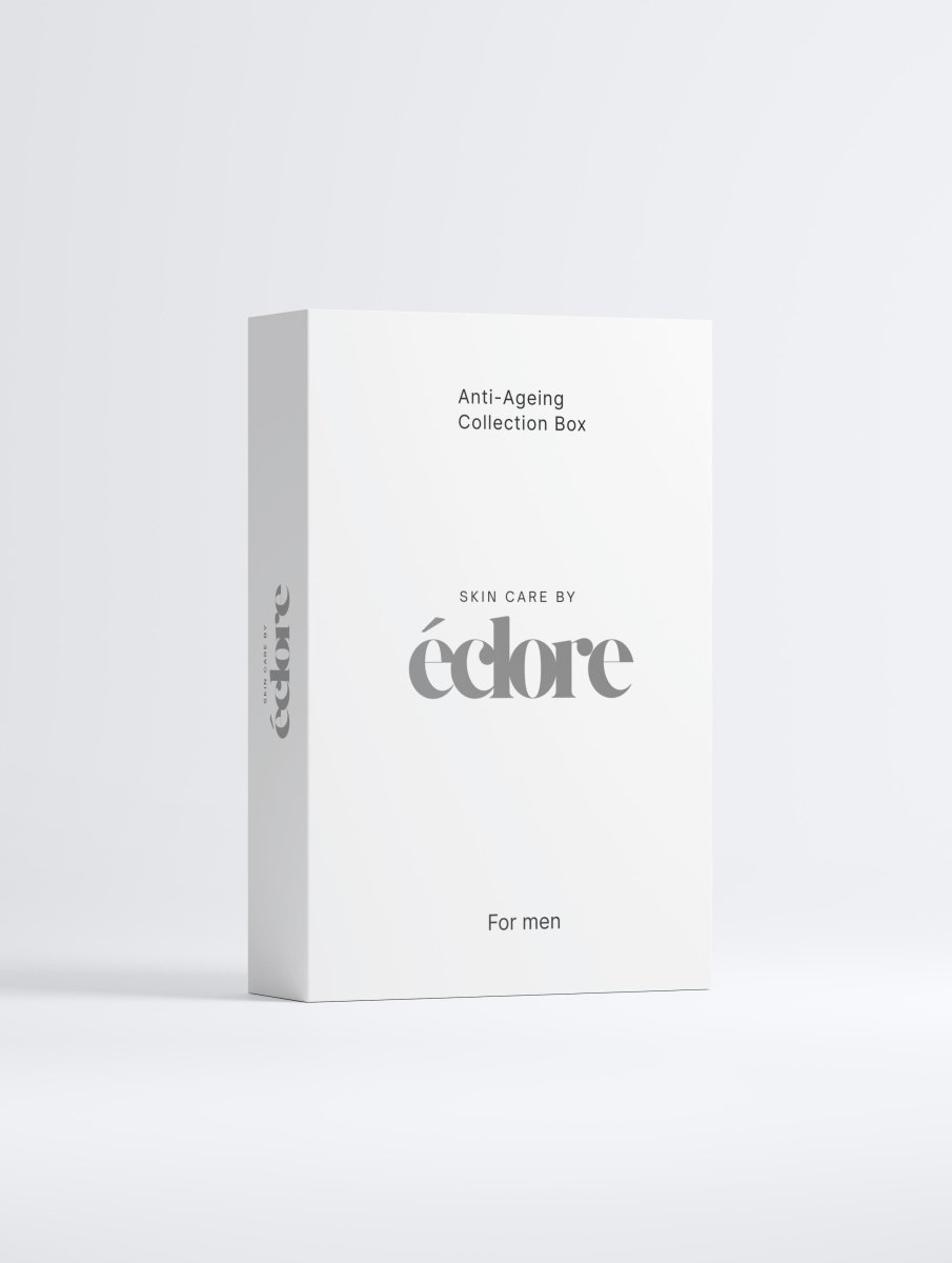 Vit kartongförpackning för Anti-Ageing Collection Box från éclore, minimalistisk design med grå text