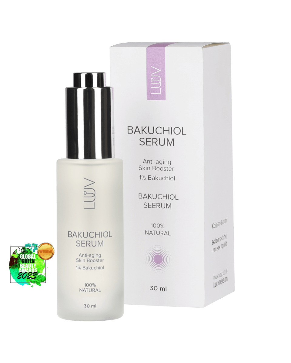 LÜV Bakuchiol Serum i vit glasflaska med silvrig pumplock bredvid vit förpackning, 30ml anti-aging serum