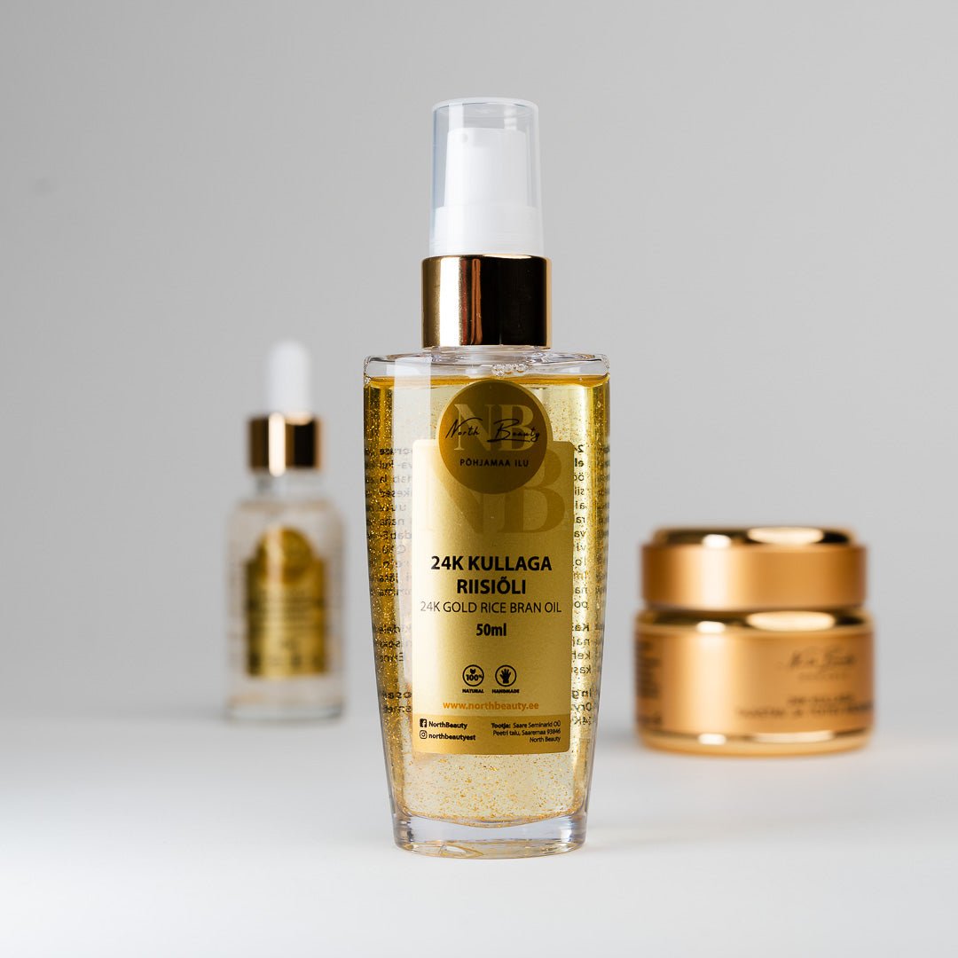 24K Gold Gift Set med gyllene olja i sprayflaska, krämburk och serum - lyxig hudvård med guldpartiklar