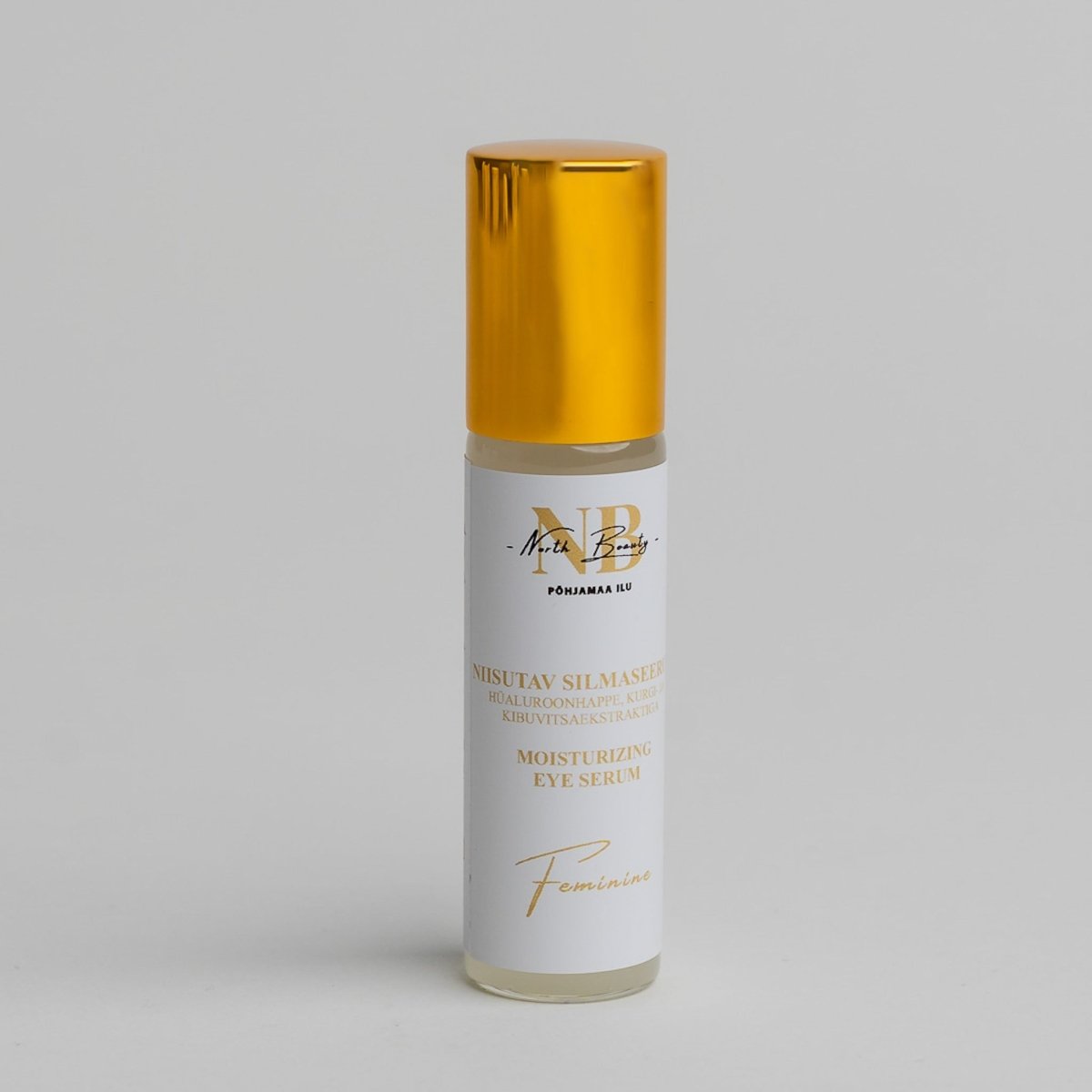 Moisturizing Eye Serum i vit cylindrisk flaska med guldigt lock, elegant design med guldtext på vit bakgrund