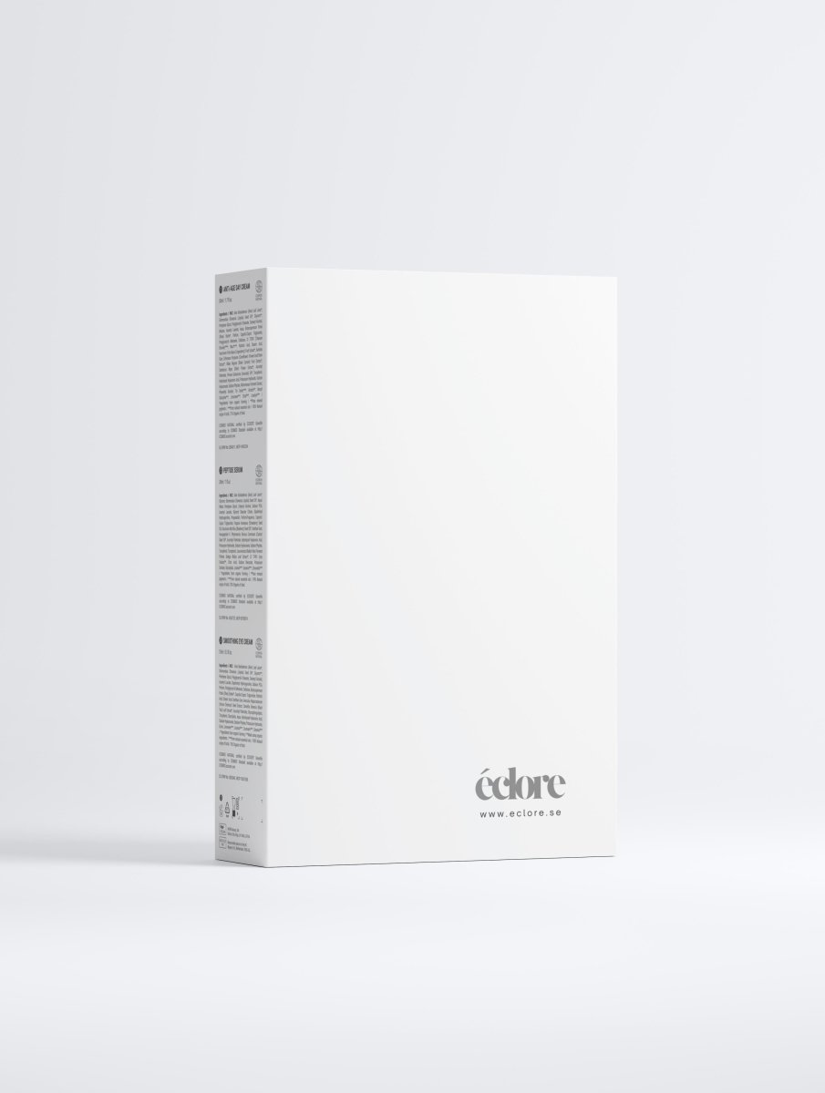 Vit rektangulär förpackningslåda för Anti-Ageing Collection Box med svart text och éclore logotyp på vit bakgrund