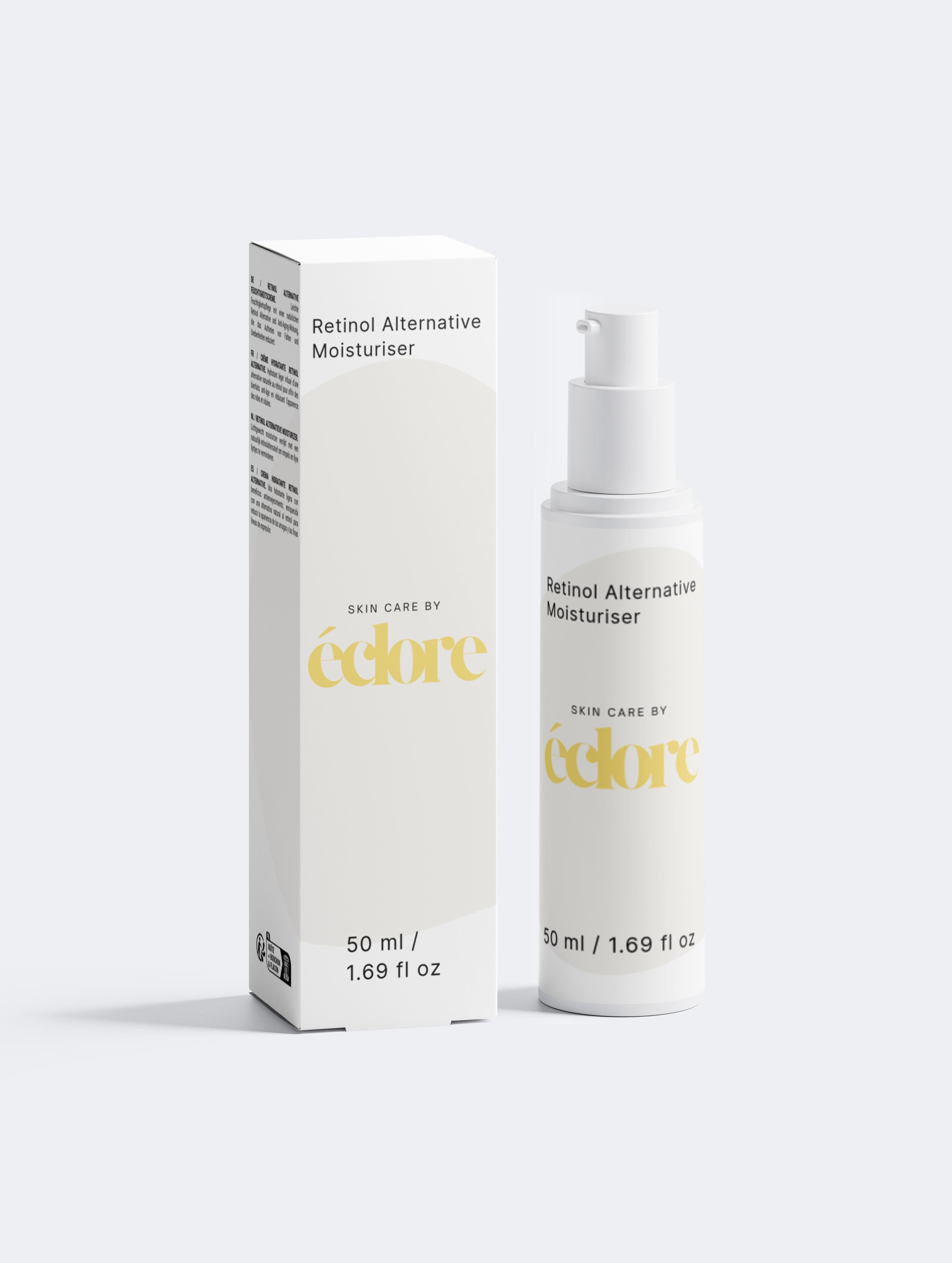 Vit pumpflaska och förpackning – Retinol Alternative Moisturiser 50 ml från éclore mot ljusgrå bakgrund