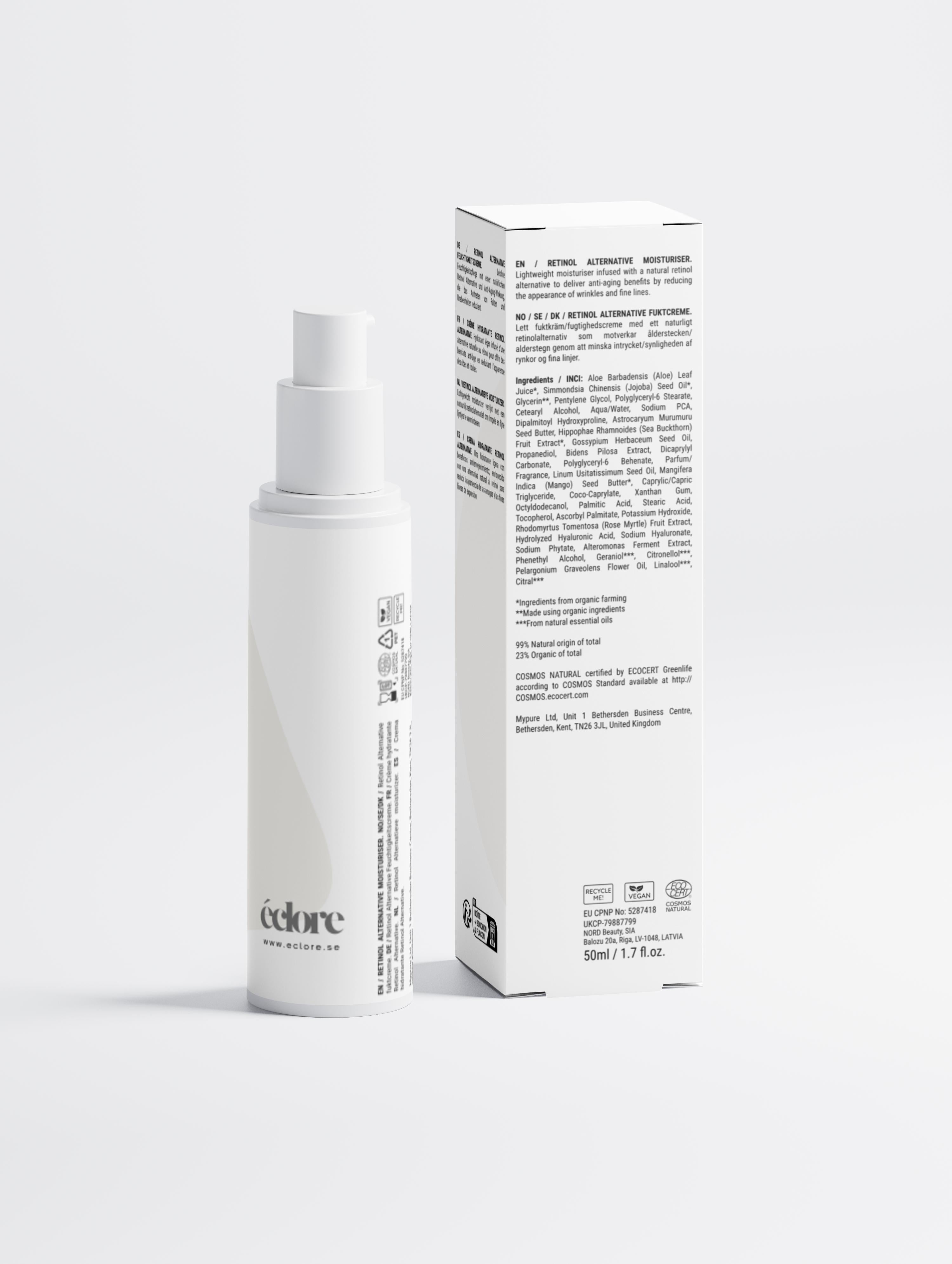 Vit pumpflaska och förpackning – éclore Retinol Alternative Moisturiser 50 ml ansiktskräm känslig mogen hud