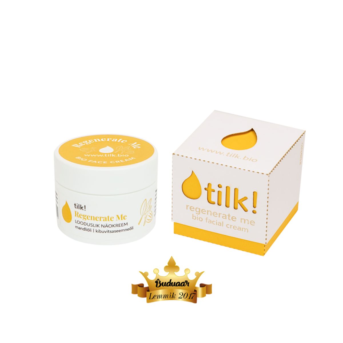 Tilk! Regenerate Me ansiktskräm för normal och kombinerad hud – vit burk och förpackning med gul etikett