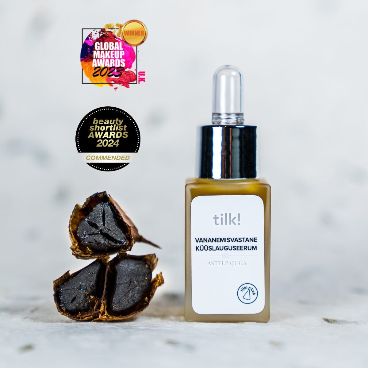 Tilk! ansiktsserum med svart vitlök och havtorn i glasflaska med pipett – vinnare av Global Makeup Awards 2023