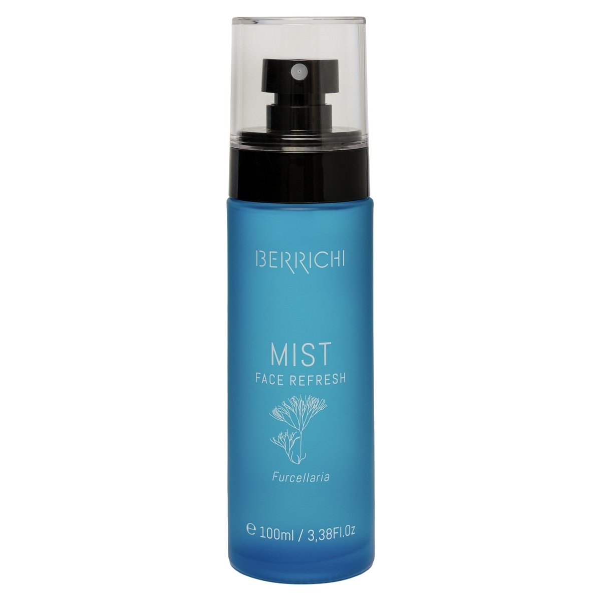 BERRICHI MIST Face Refresh spray i blå flaska med svart pumpspray och genomskinligt lock, 100ml