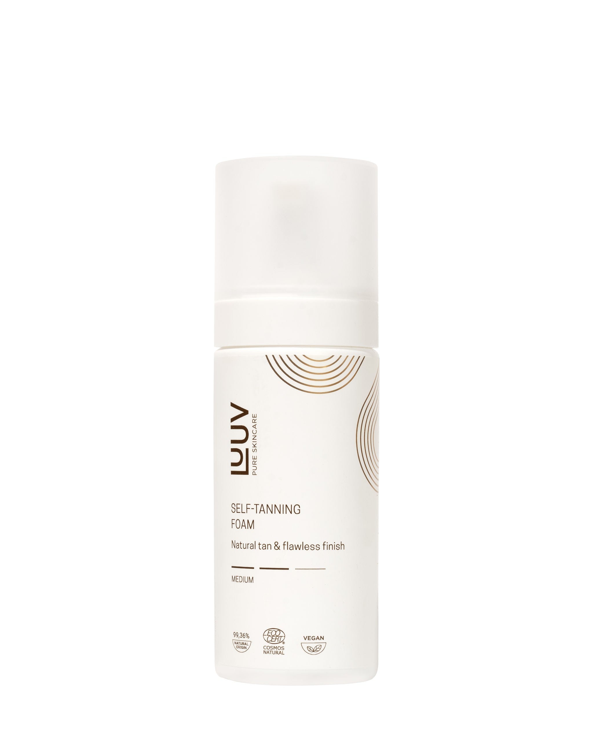 Vit cylindrisk flaska med pumpspray innehållande Brun Utan Sol Foam Medium 150ml från LUUV Pure Skincare