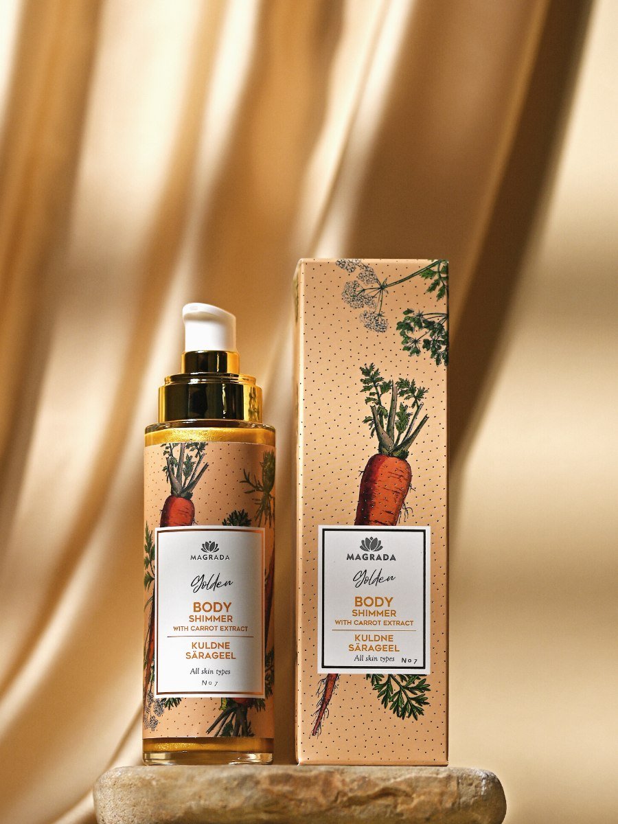 Golden Shimmer Gel med Morotsextrakt i glasflaska med pumplock, morotsmönstrad förpackning, gyllene skimrande innehåll