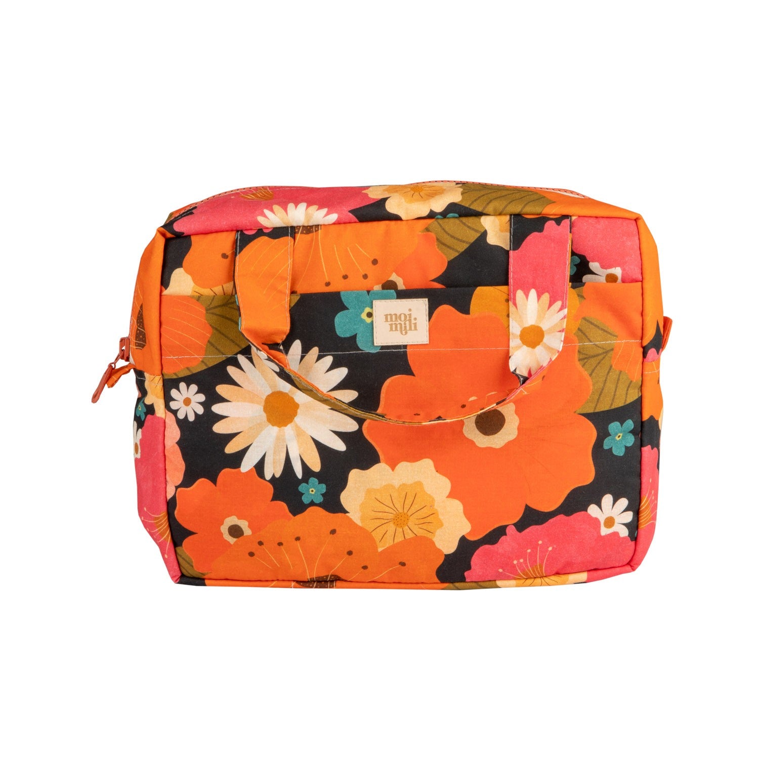Handgjord sminkväska i bomull med orange blommönster och bärhandtag, Moi Mili Picnic
