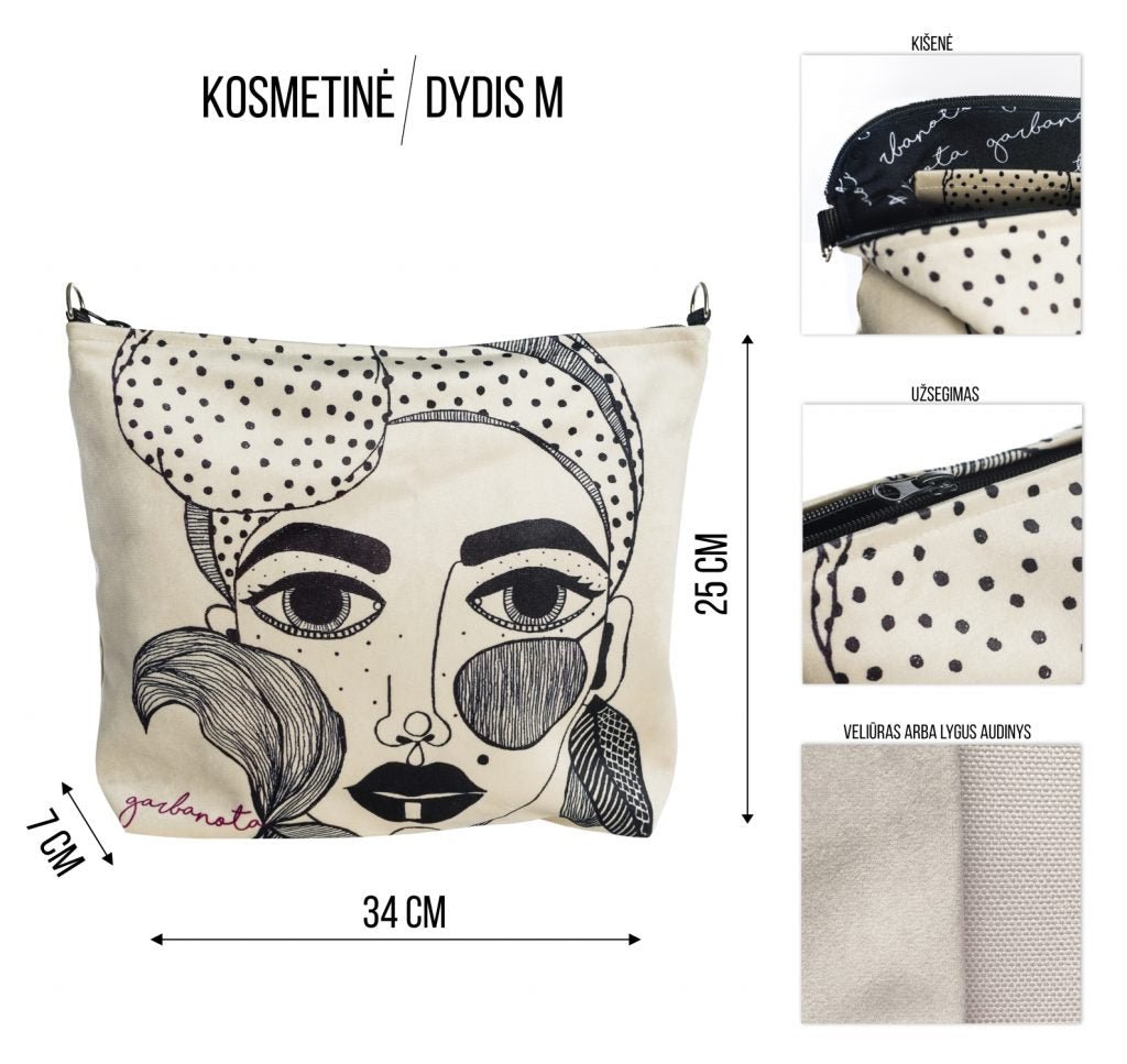 Handgjord sminkväska med illustrerat motiv – Siuzana Svart. Beige väska med svart ansiktsmotiv och prickig detalj, 34x25 cm