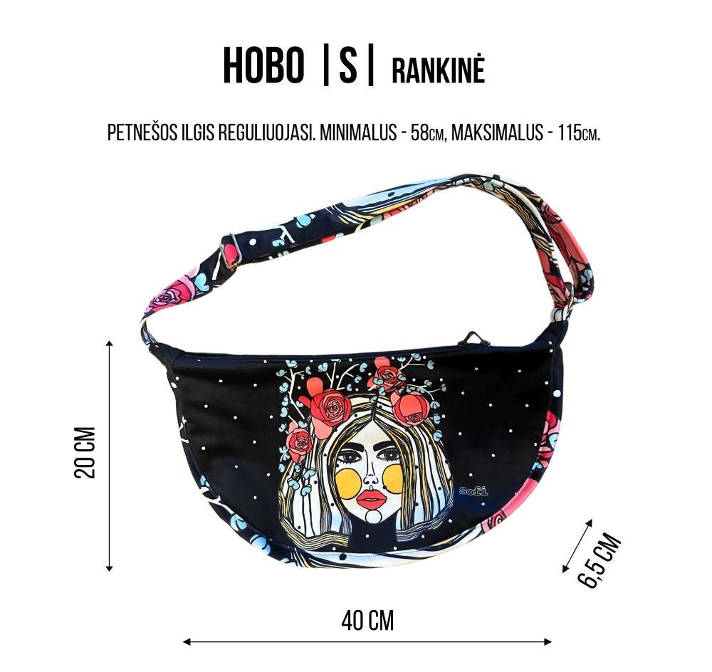 Hobo Bag Cream and Dots - svart axelväska med färgglad illustration av kvinna med blont hår och rosor, mönstrade detaljer