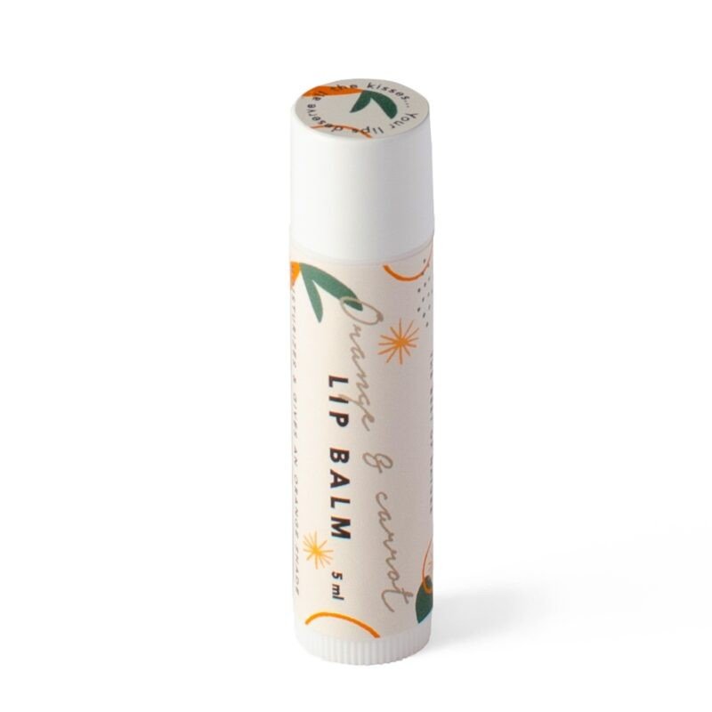 Läppbalsam Apelsin & Morot i vit cylindrisk förpackning med orange och gröna designelement, 5ml från éclore