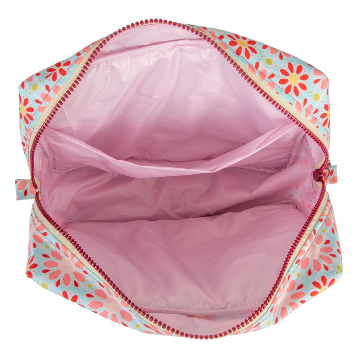 Large Make-Up Bag Red Flowers - öppen necessär med blommönster i rött och rosa på ljusblå botten, rosa foder