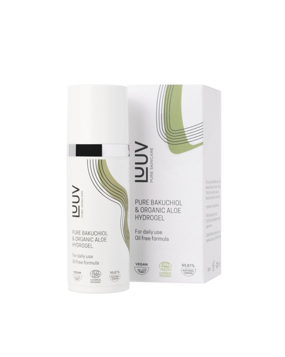 LUUV Pure Bakuchiol & Organic Aloe Hydrogel i vit tub med grönmönstrad design och matchande förpackning
