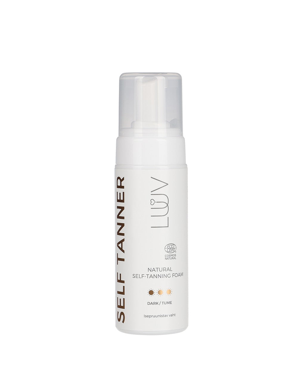 LUUV Brun Utan Sol Mousse - vit cylindrisk sprayflaska med pump, transparent lock och brun vertikal text