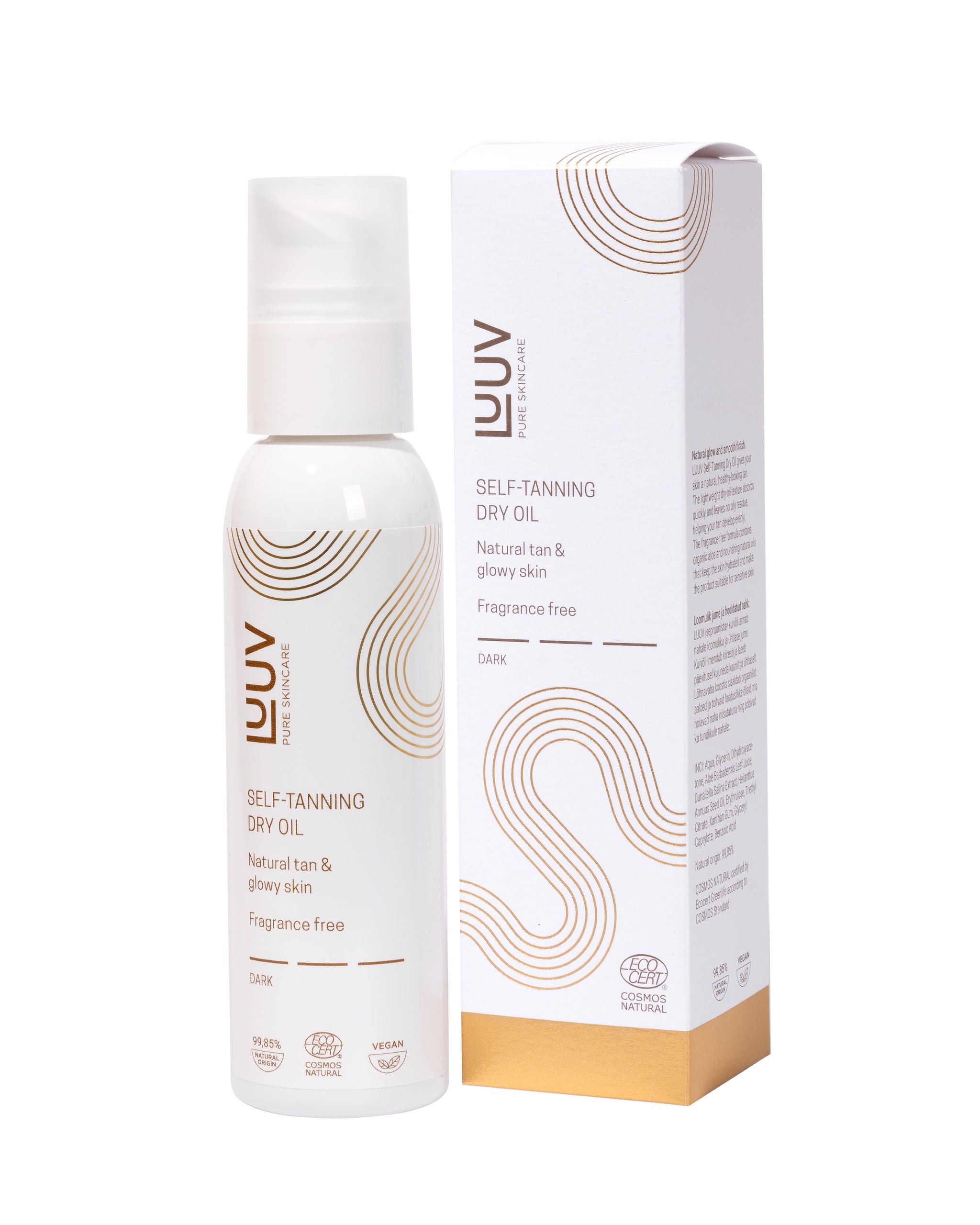 LUUV Self-Tanning Dry Oil Dark - vit sprayflaska med pump och matchande förpackning med guldbruna detaljer