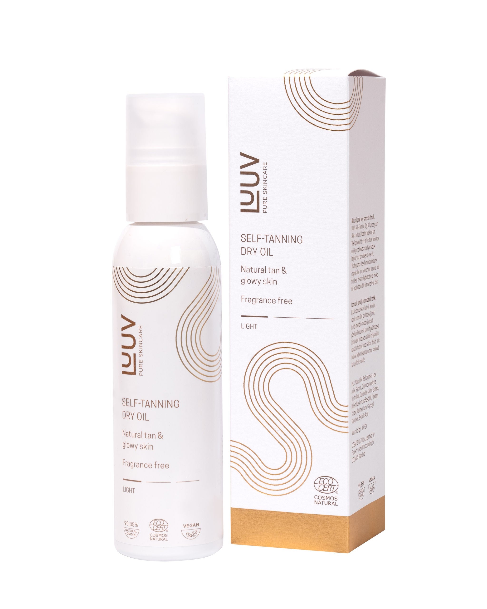 LUUV brun utan sol torrolja i vit flaska med roseguld design och matchande förpackning, fragrance free