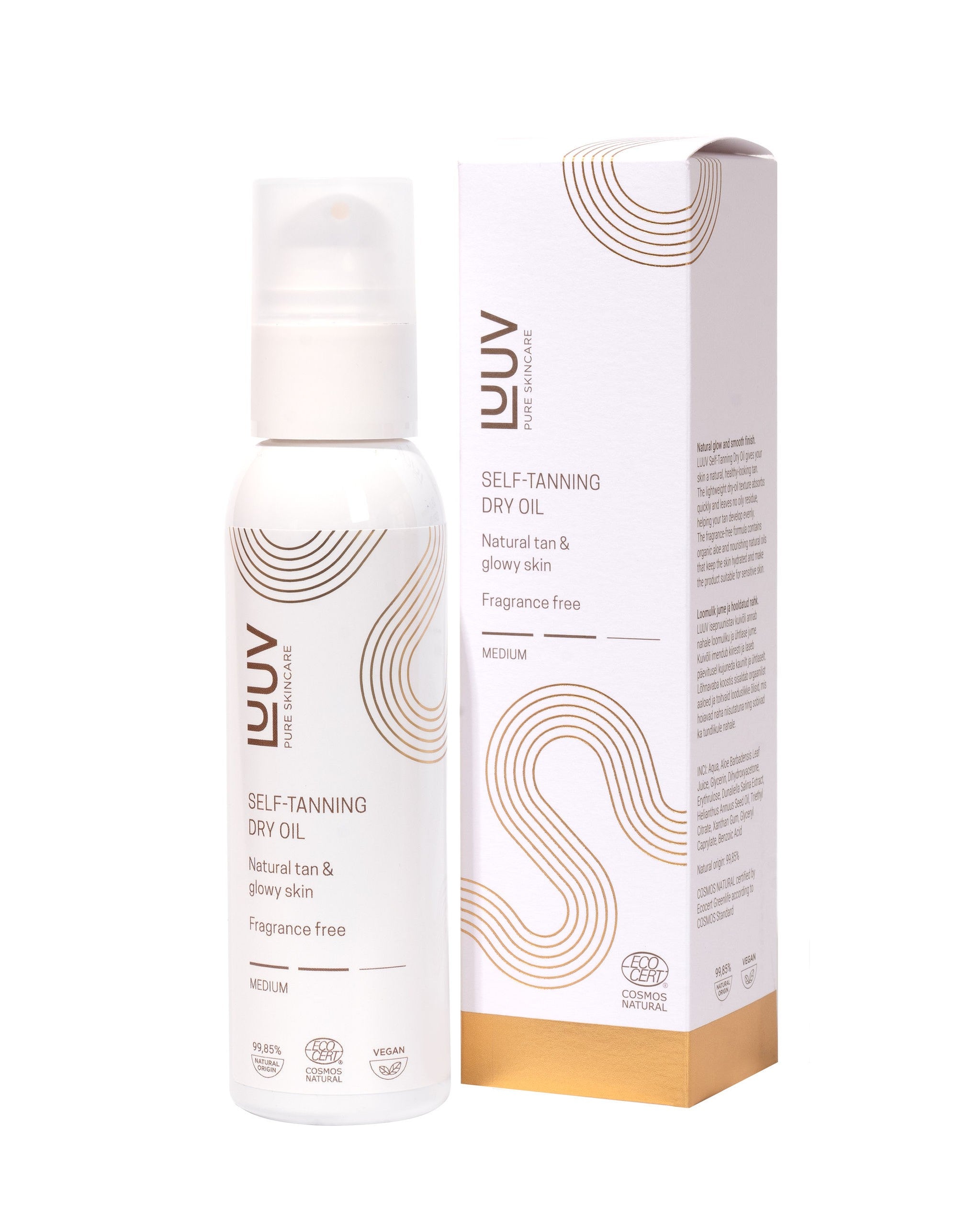 LUUV brun utan sol torrolja i vit flaska med pump och matchande kartongförpackning med guldbruna detaljer