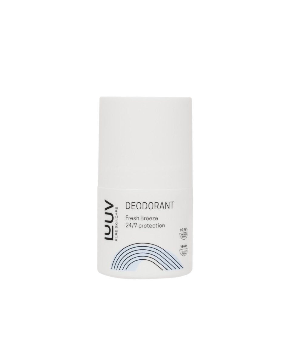Vit cylindrisk deodorantförpackning med Fresh Breeze text och regnbågsmotiv, LUUV Pure Skincare märke