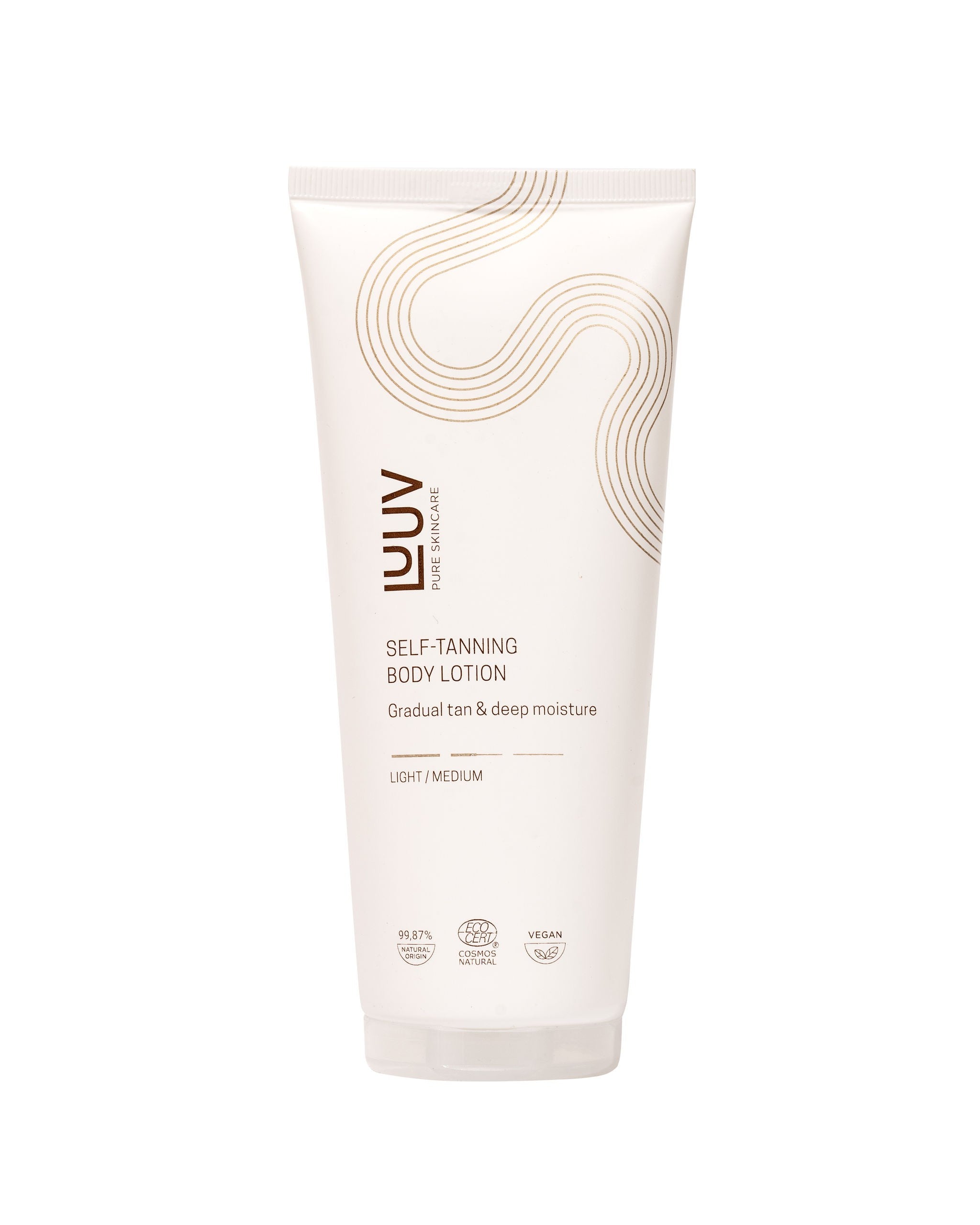 LUUV Self-Tanning Body Lotion Light/Medium i rosa tube med guldiga vågor och ekocertifieringsloggor