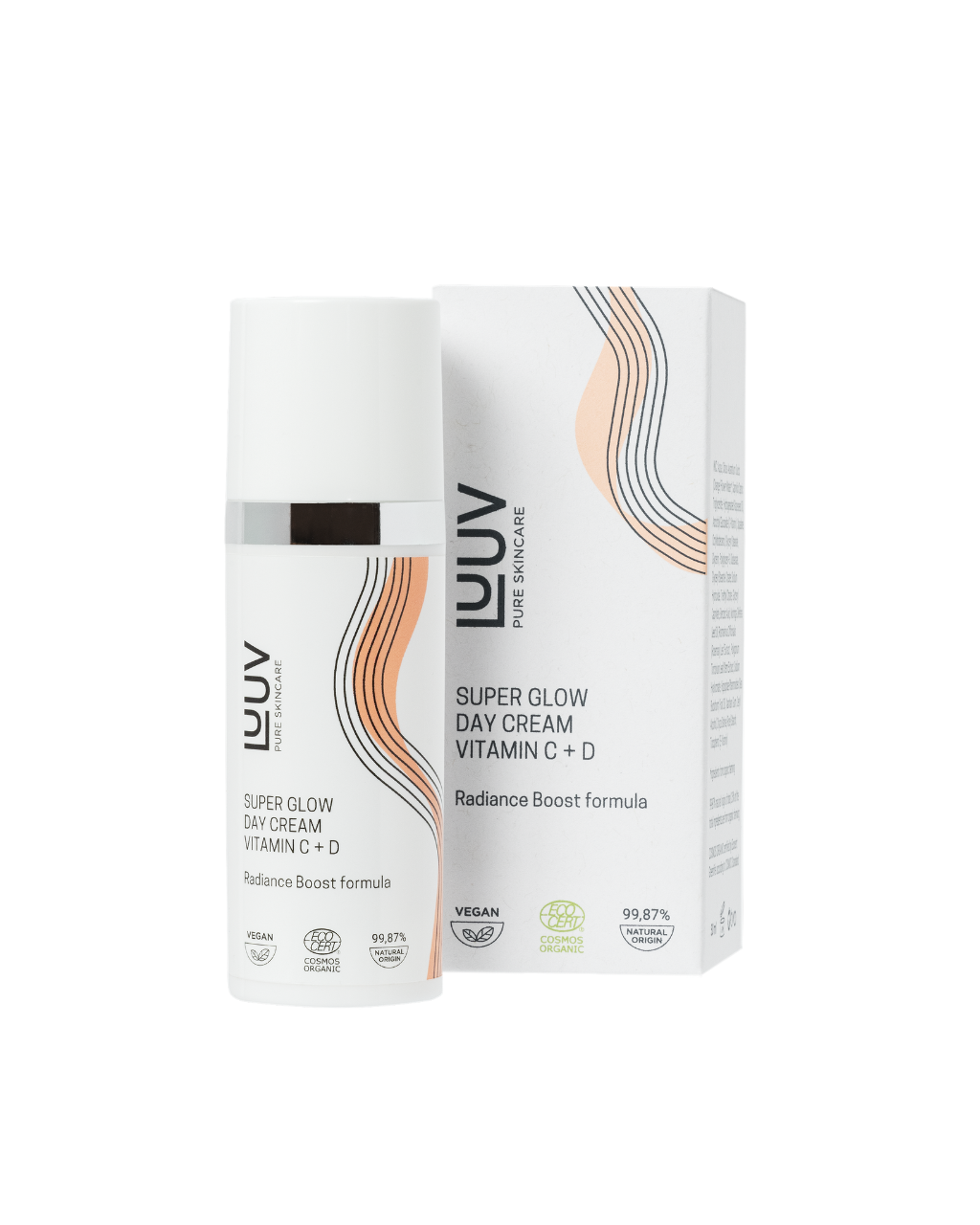 Produktbild på LUUV Super Glow Day Cream i vit pumpflaska bredvid sin tillhörande pappersförpackning. Vegansk och ECOCERT-certifierad dagkräm med Radiance Boost formula.