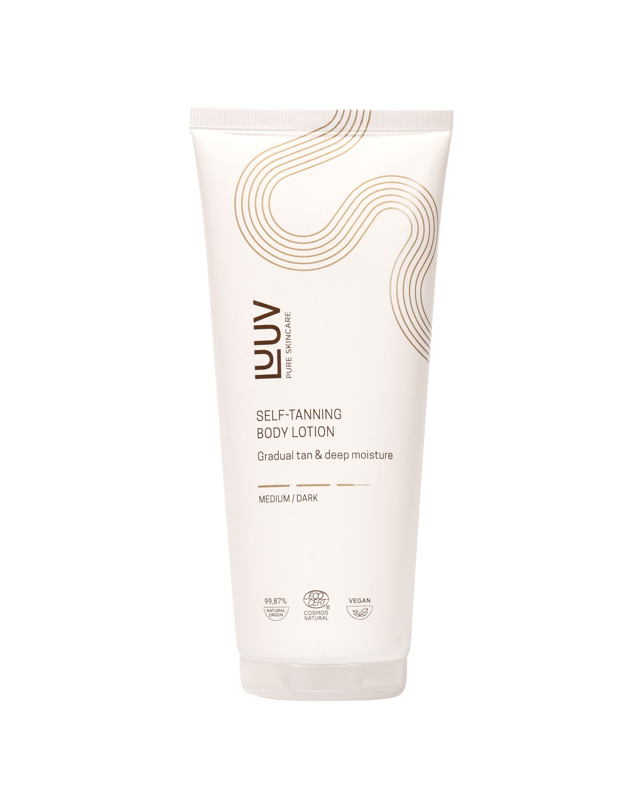 LUV Pure Skincare Self-Tanning Body Lotion Medium/Dark i ljusrosa tub med guldiga våglinjemönster och pump