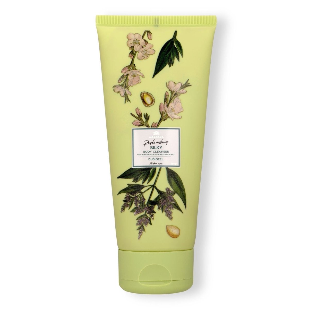 Magrada X Lauren Moisturizing Shower Gel i ljusgrön tub 200ml med botaniska illustrationer av blommor och blad