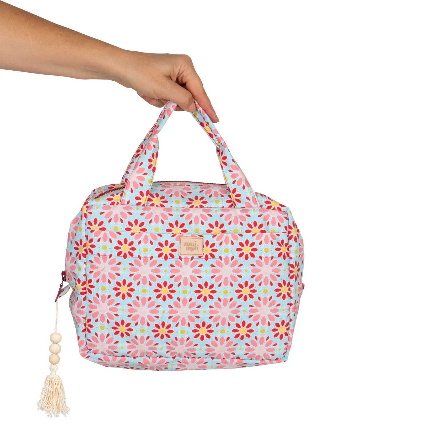 Make-Up Bag Set med röda blommor - blå necessär med rosa och röda blomsterprint, beige tofs och handtag