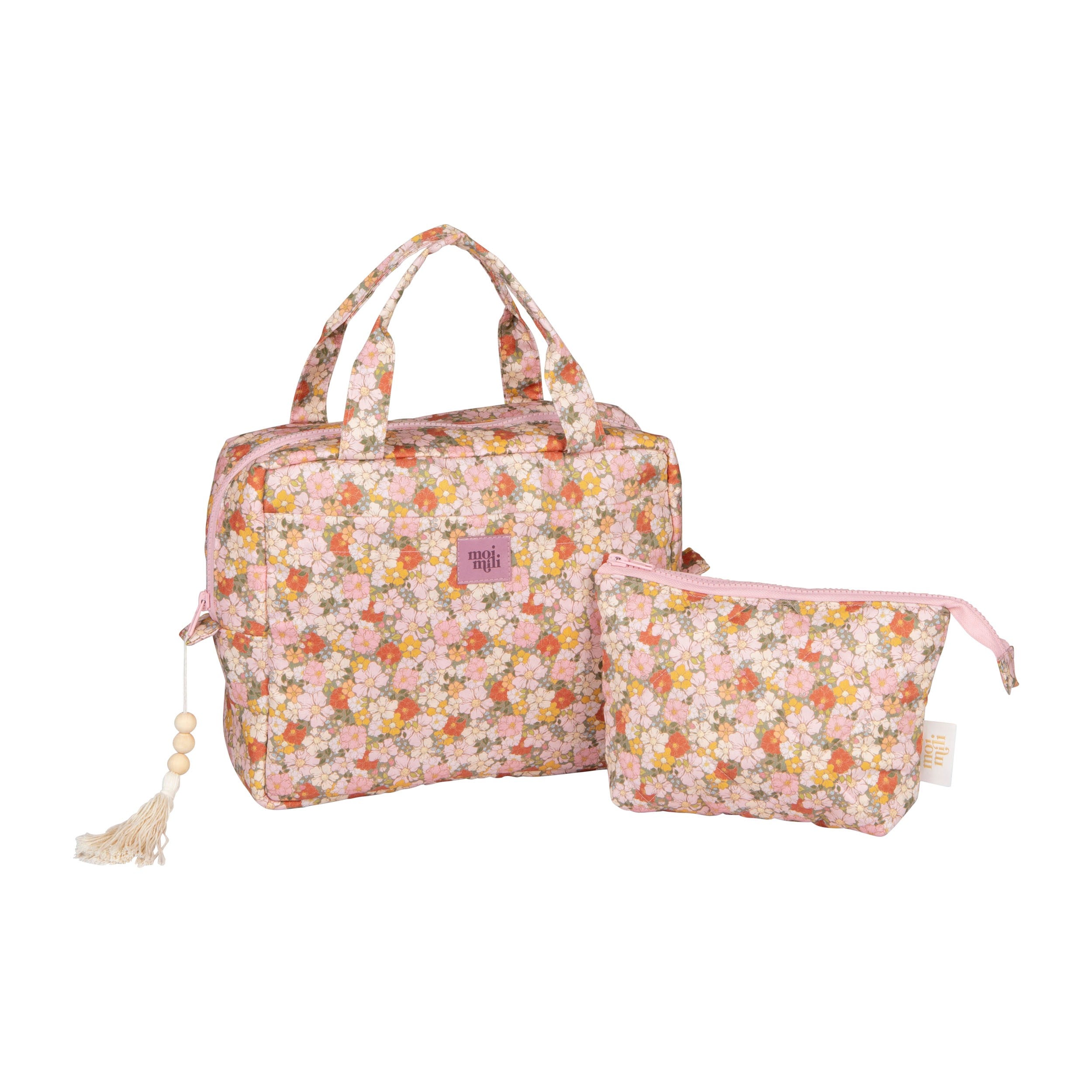 Make-Up Bag Set of 2 Green Garden - rosa blommönstrad necessär med matchande liten påse och tofs
