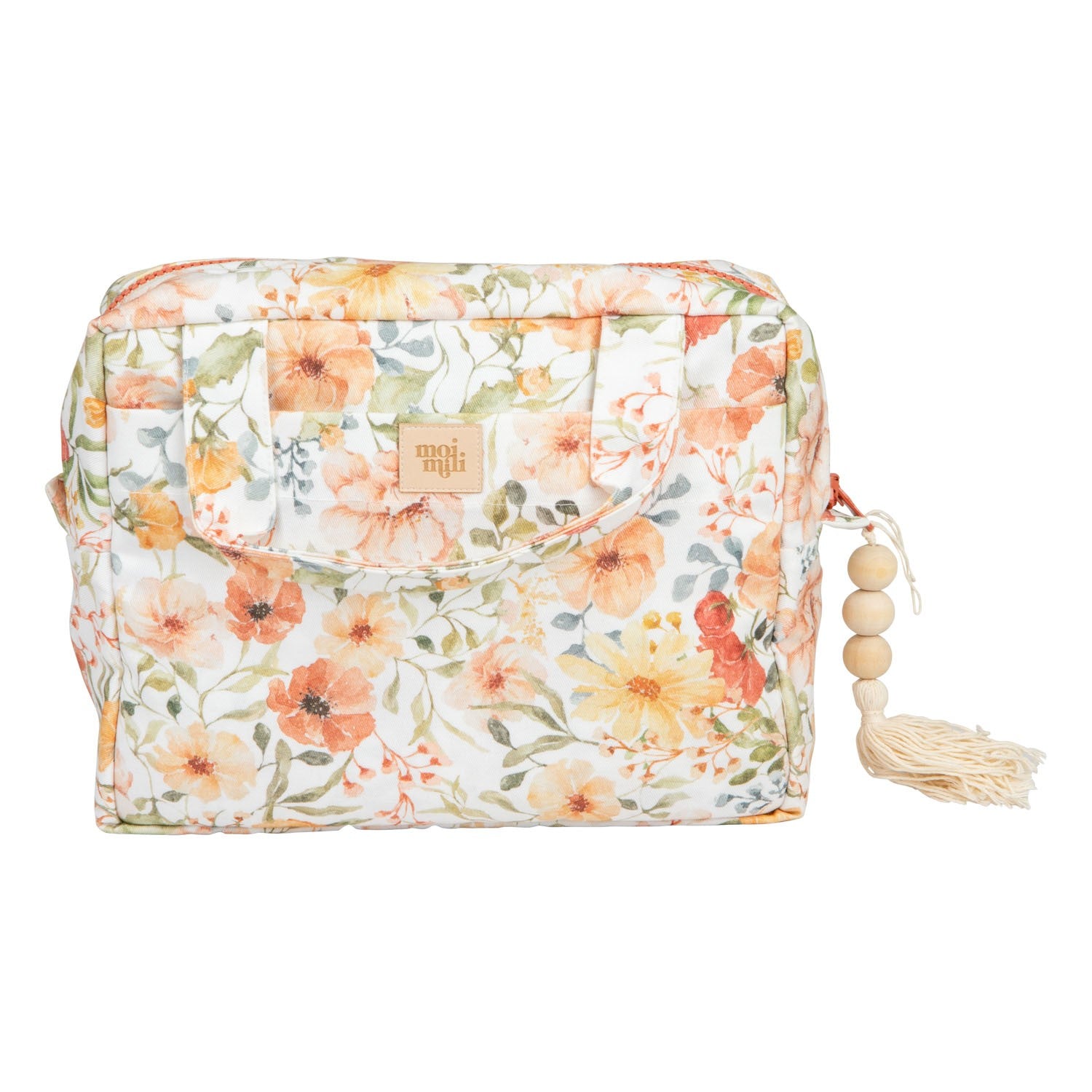 Moi Mili Large Make-Up Bag Flower Power - stor sminkväska med blommönster i korall, gul och grönt med tofs