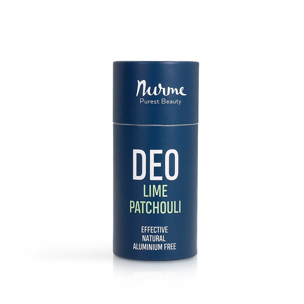 Nurme naturlig deodorant i mörkblå cylindrisk förpackning med vit text, lime patchouli doft, aluminium-fri