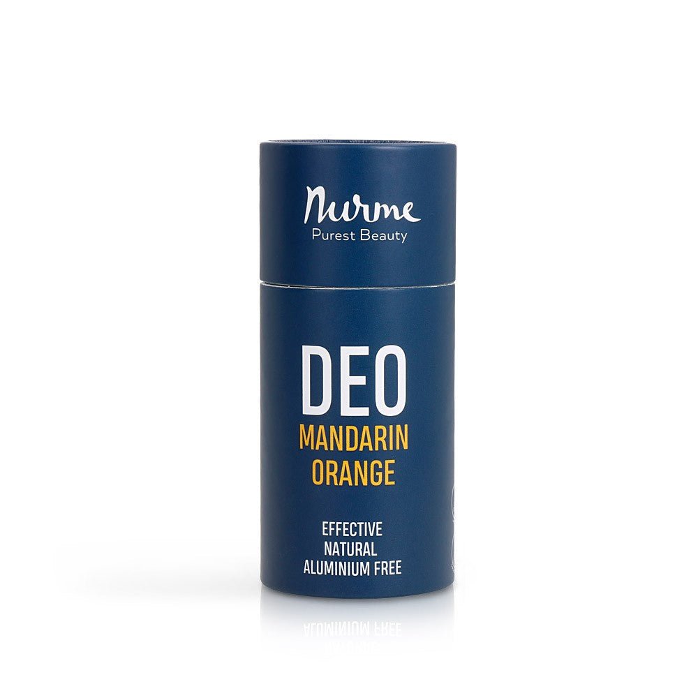 Nurme naturlig deodorant i blå cylindrisk förpackning med vit och gul text, mandarin orange doft, aluminium-fri