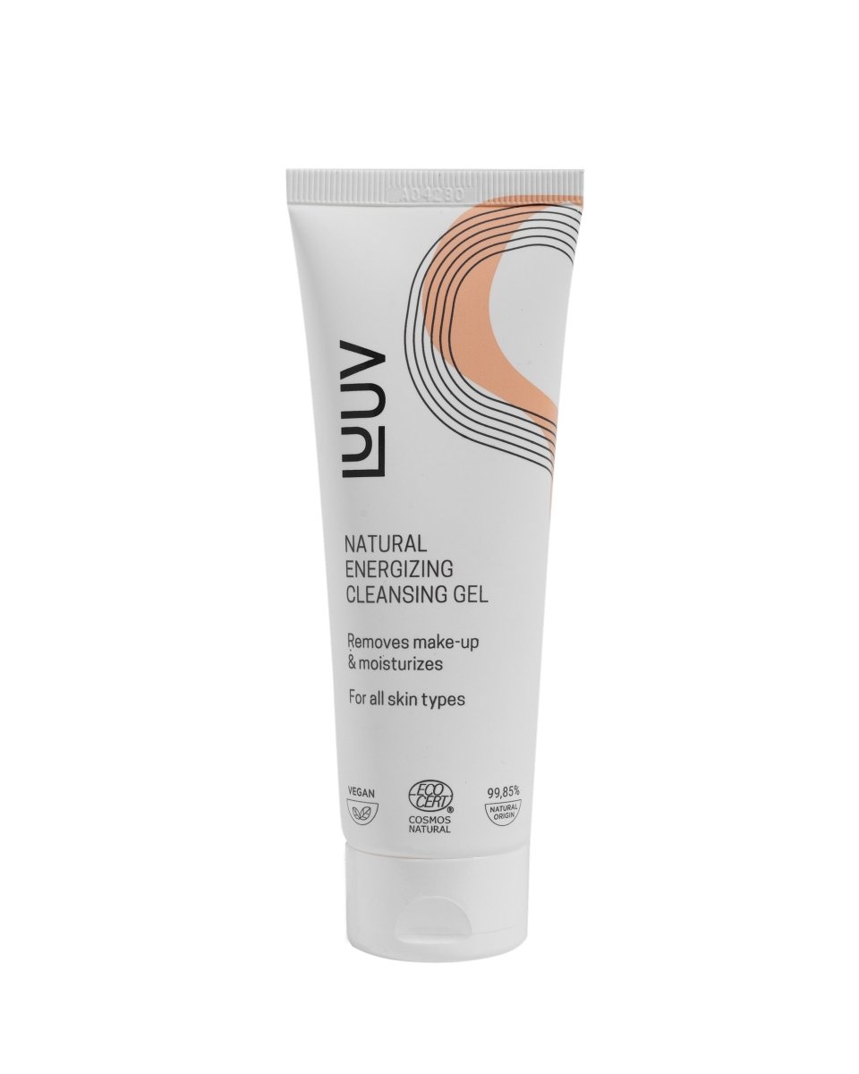 LUV Natural Energizing Cleansing Gel i vit tub med orange böjda linjer, 75ml vitaliserende ansiktsrengöring