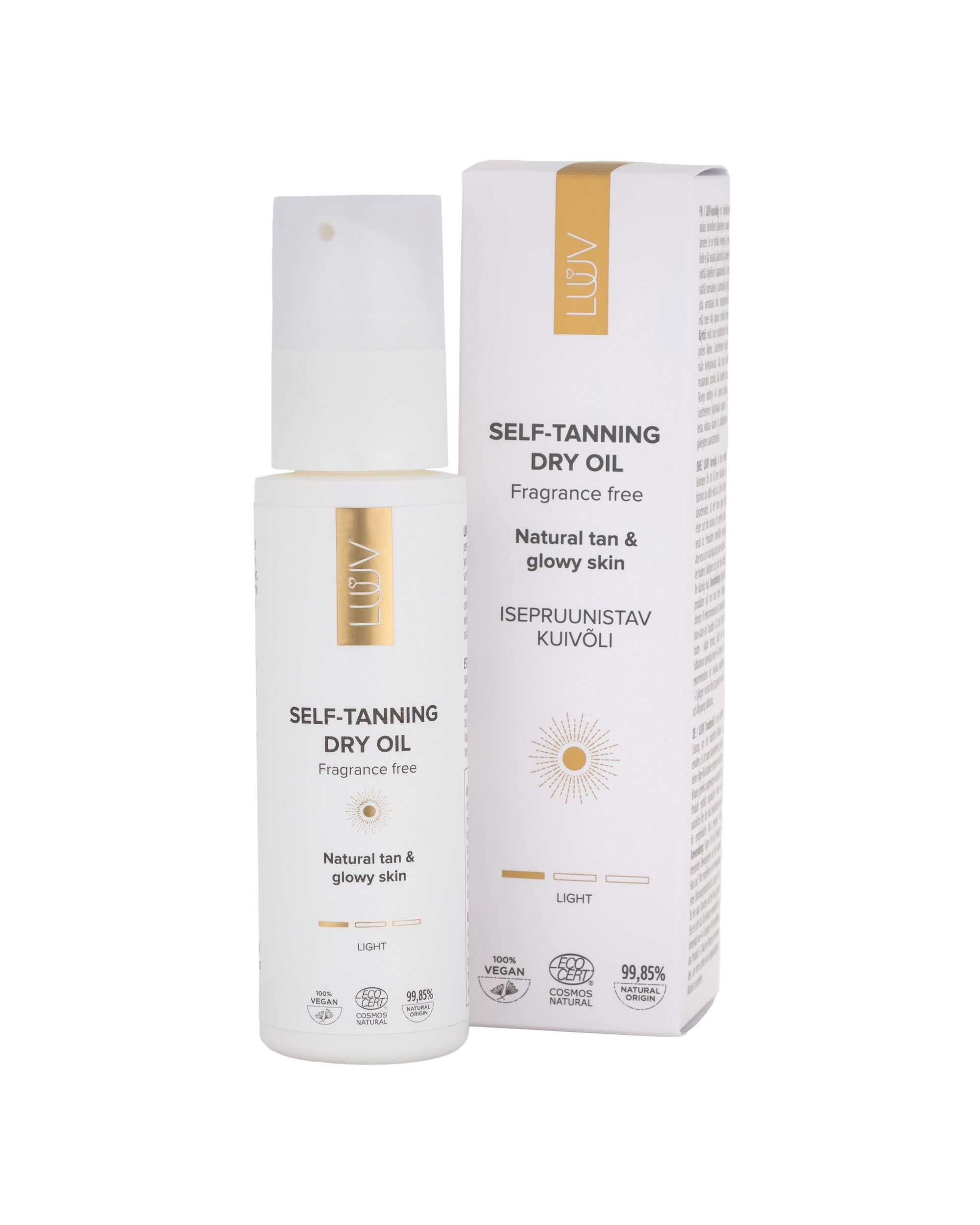 LUUV brun utan sol torrolja i vit flaska med gulddetaljer bredvid vit förpackning med guldaccenter