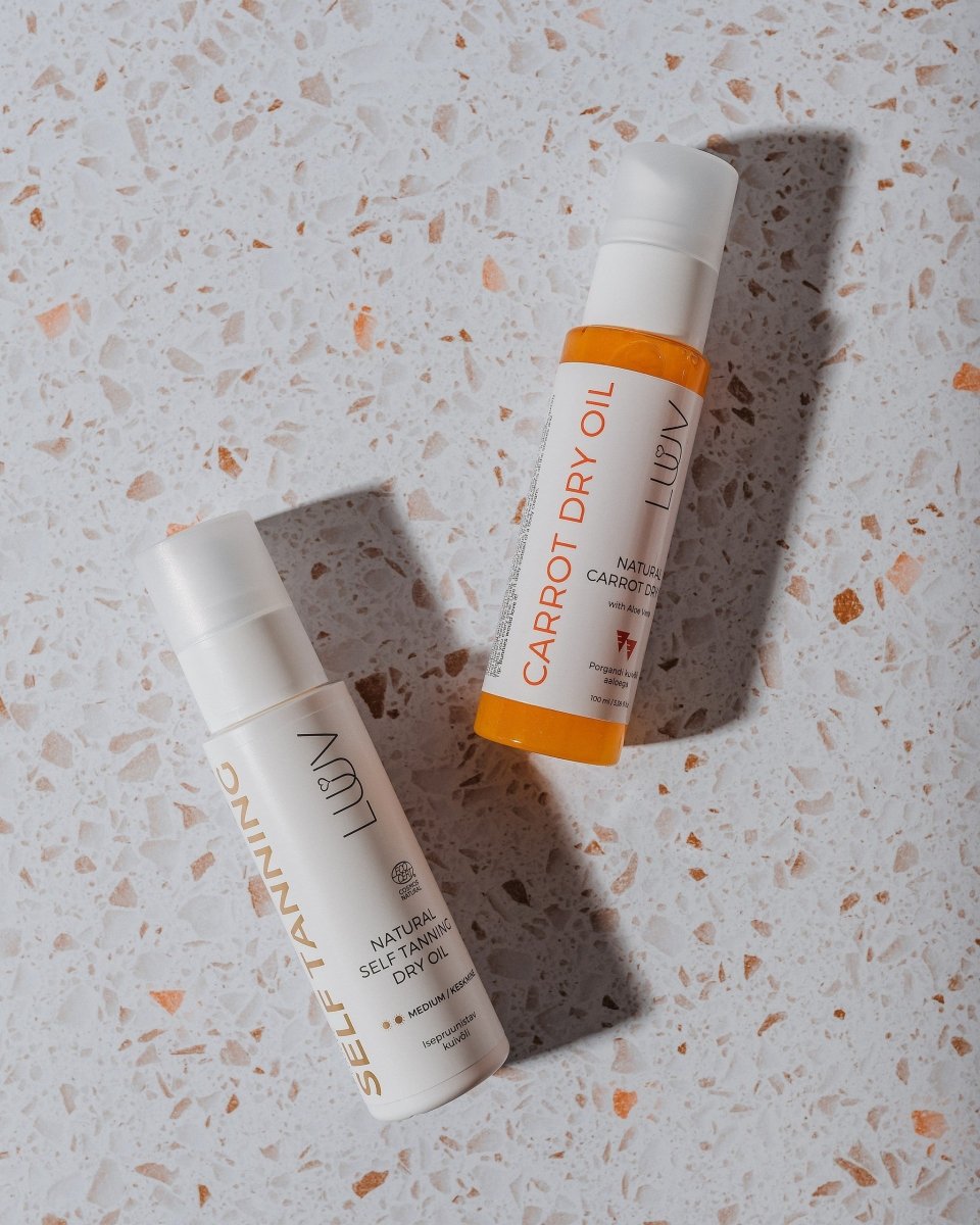 Naturlig Carrot Dry Oil med Aloe Vera 100ml - orange och vit flaska med pumpspray från LUBN
