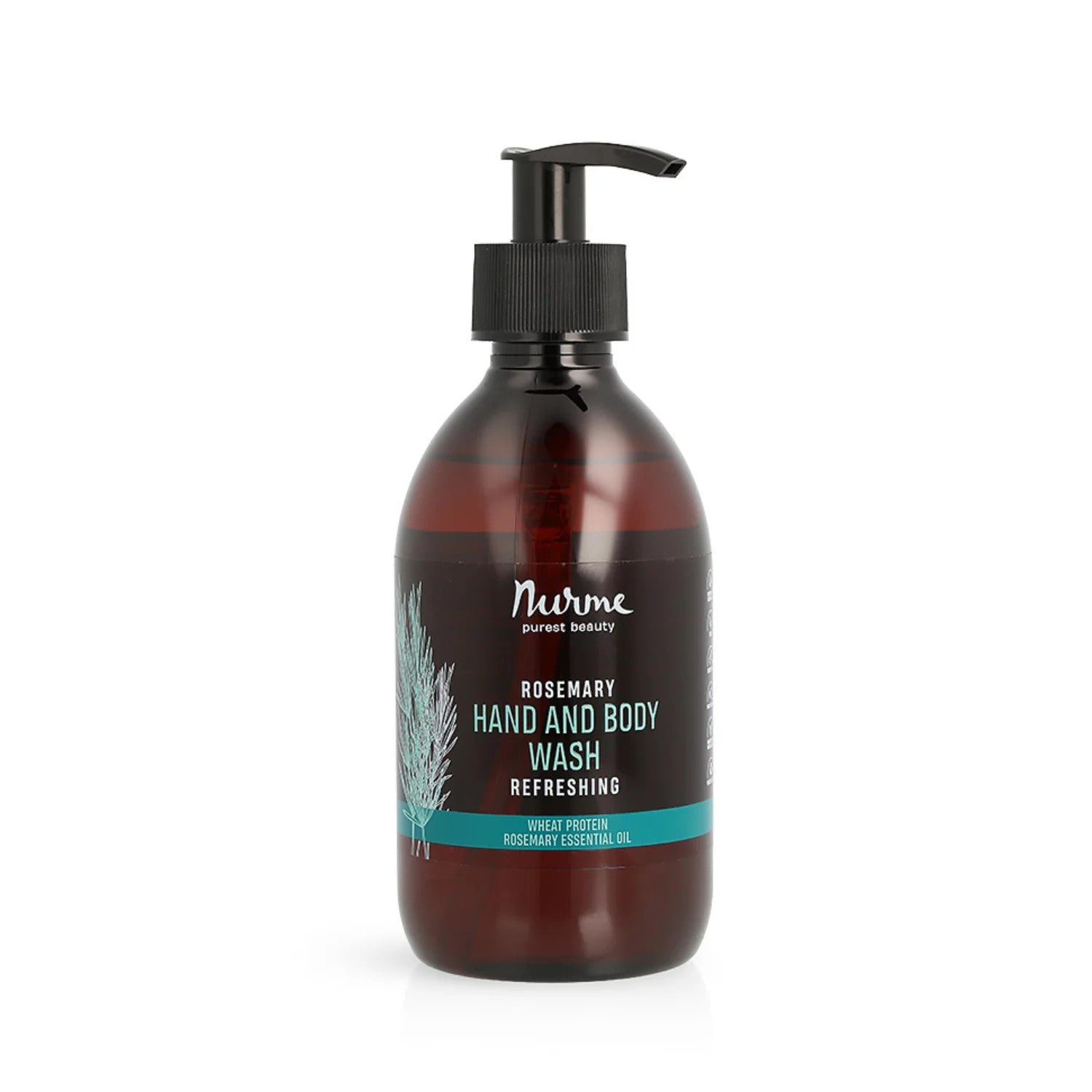 Bärnstensfärgad pumpflaska med naturlig duschtvål rosmarin från Nurme, 300 ml, svart pump