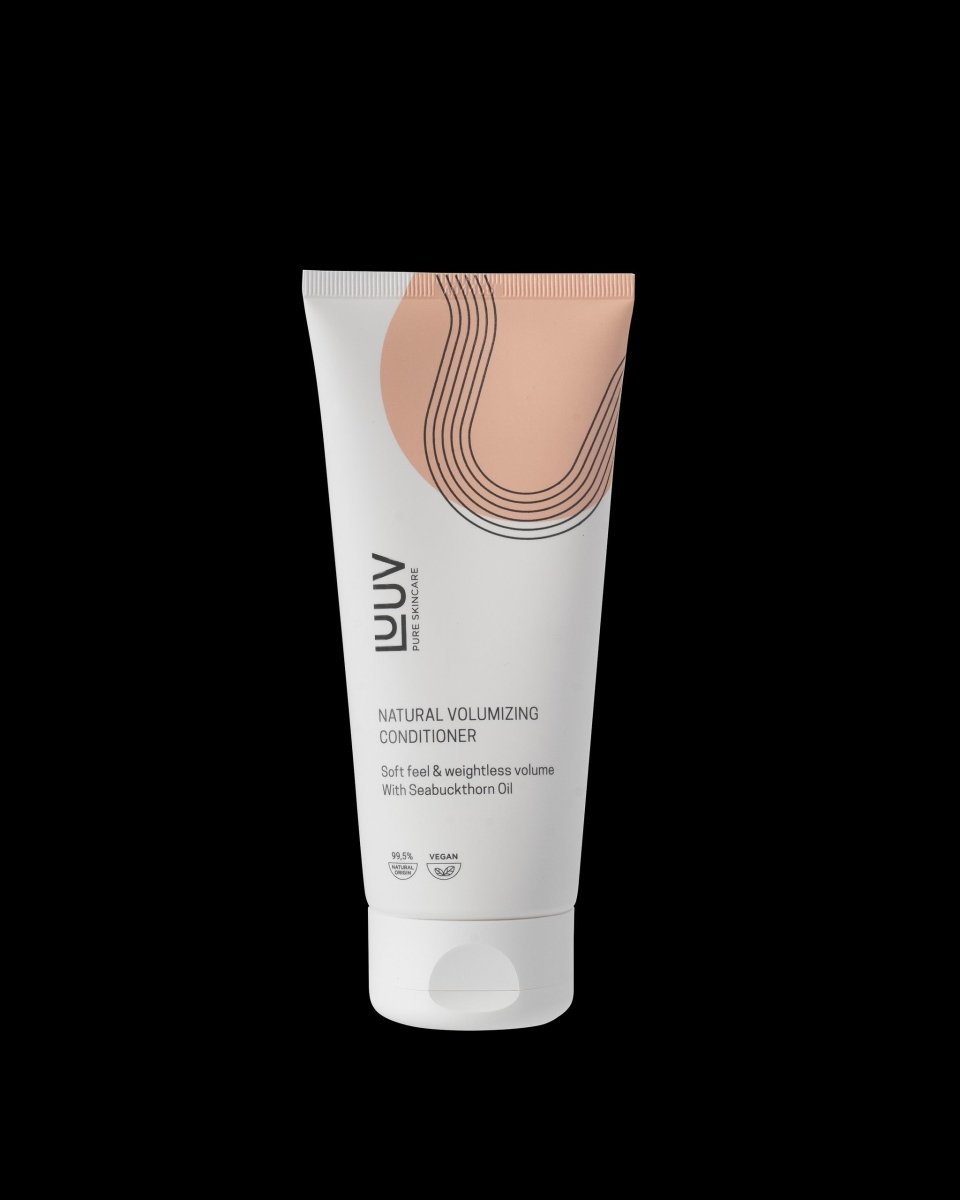 Vit tub med rosa cirkulärt mönster, LUUV Natural Volumizing Conditioner med havtornsolja, 200ml