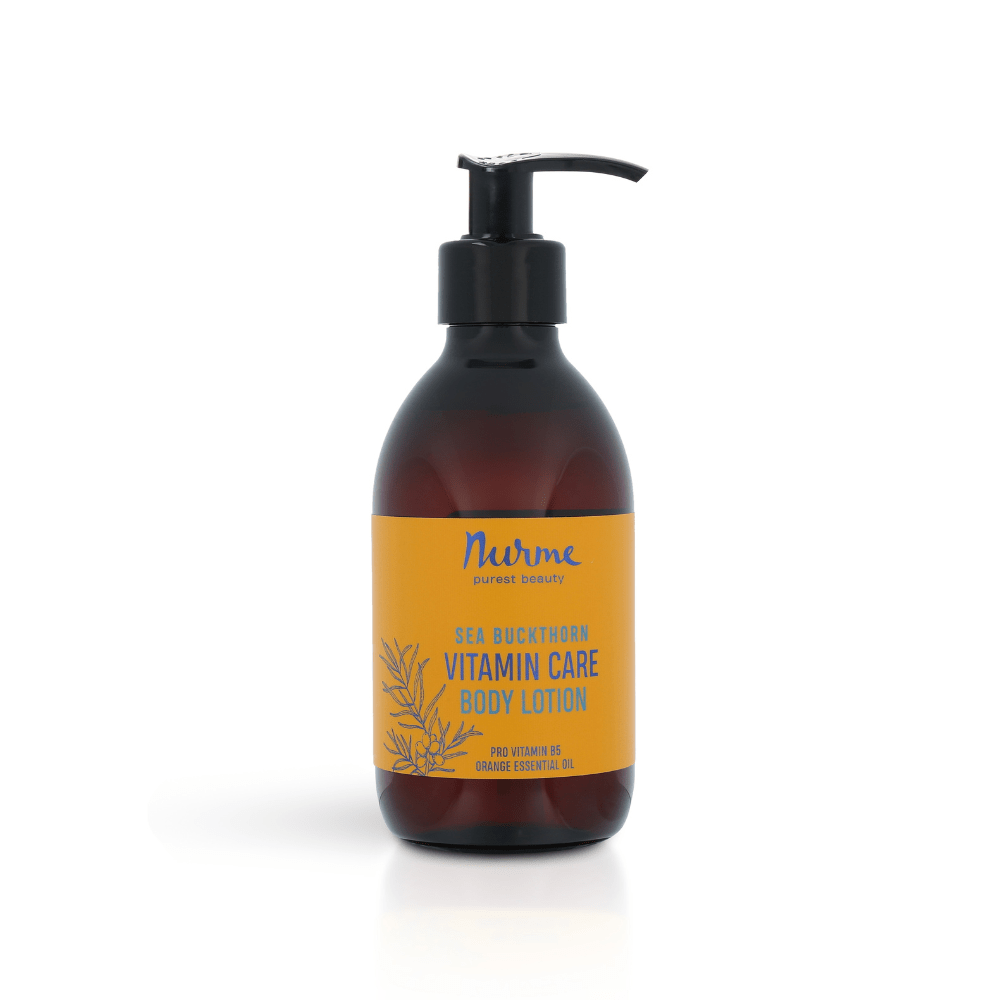 Brun pumpflaska Nurme kroppslotion torr hud havtorn med orange etikett, 300 ml