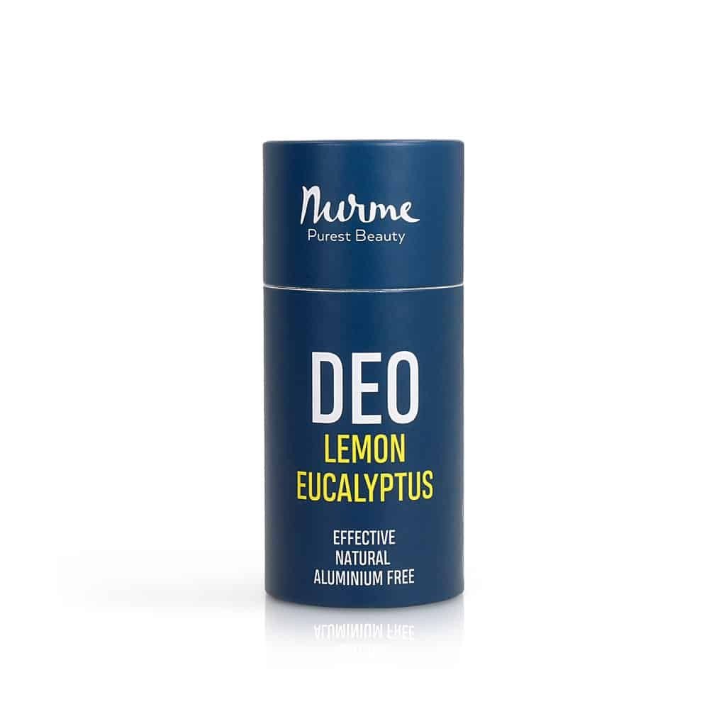 Blå cylinderformad deodorantstick från Nurme med texten DEO LEMON EUCALYPTUS, naturlig deodorant citron eukalyptus