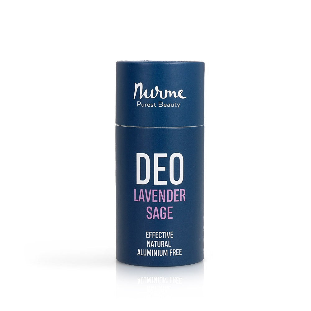 Nurme naturlig deodorant i lavendel och salvia, aluminiumfri stick 80g med mörkblå förpackning mot vit bakgrund