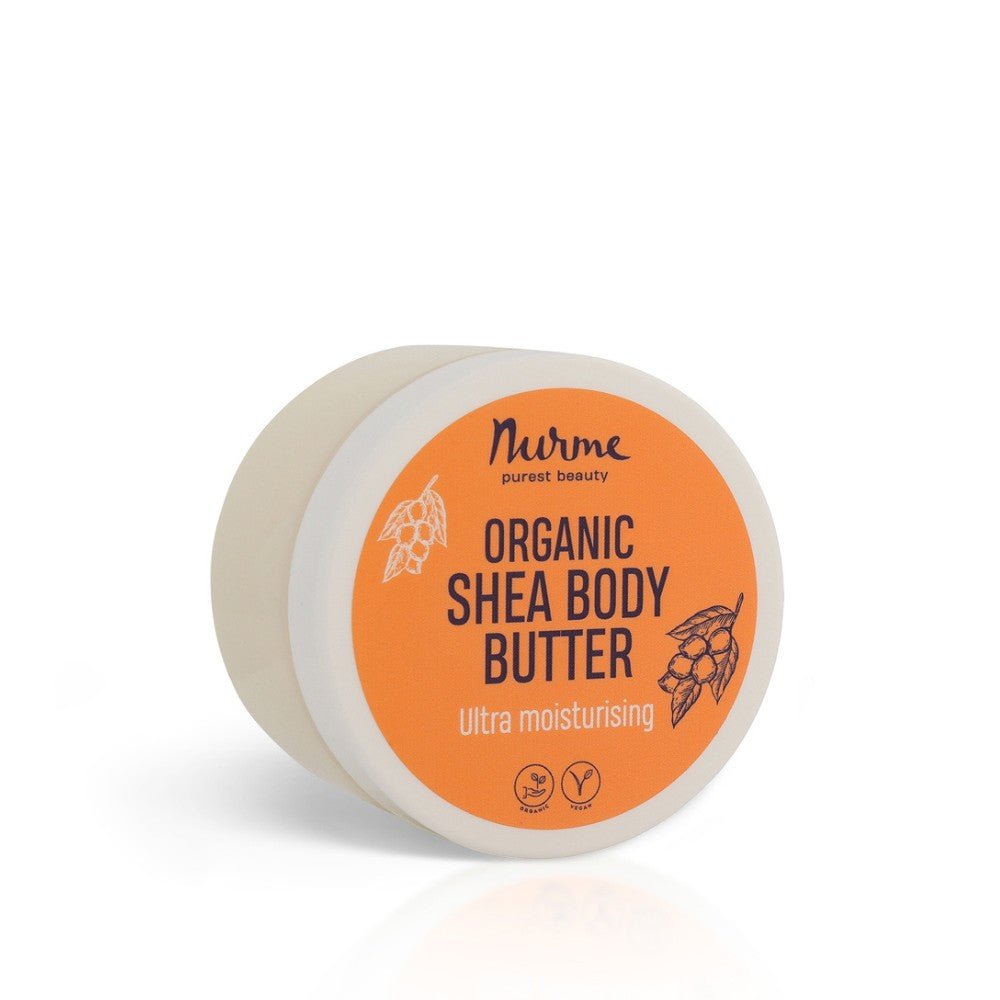 Nurme Organic Shea Body Butter i rund vit plastburk med orange etikett, 150ml ultra fuktgivande kroppssmör