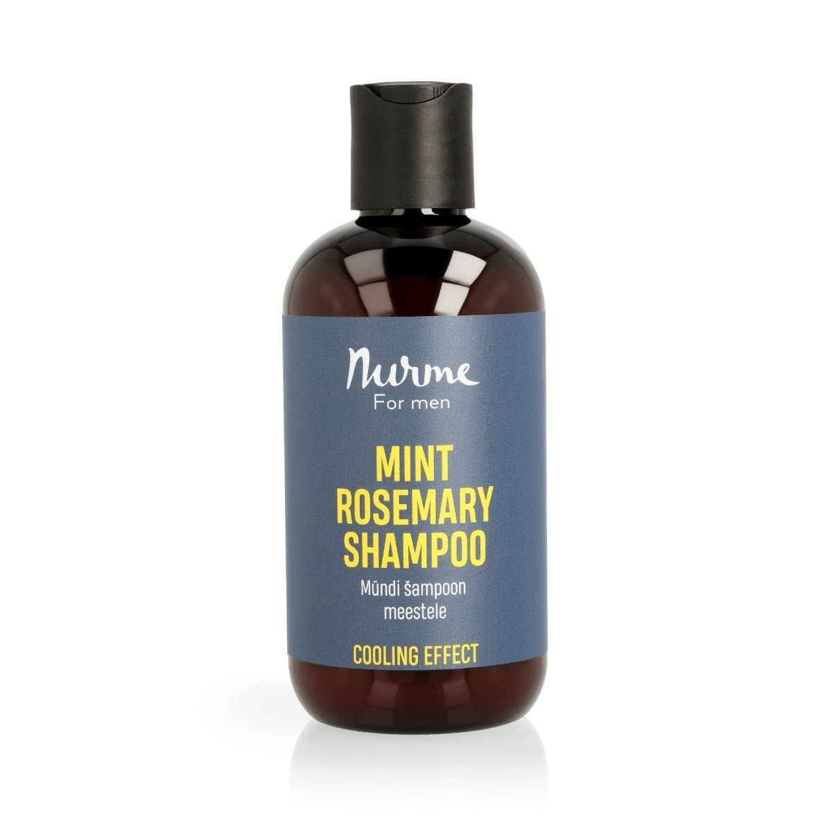 Brun flaska Nurme schampo för män med mint och rosmarin, 250 ml, mörkblå etikett