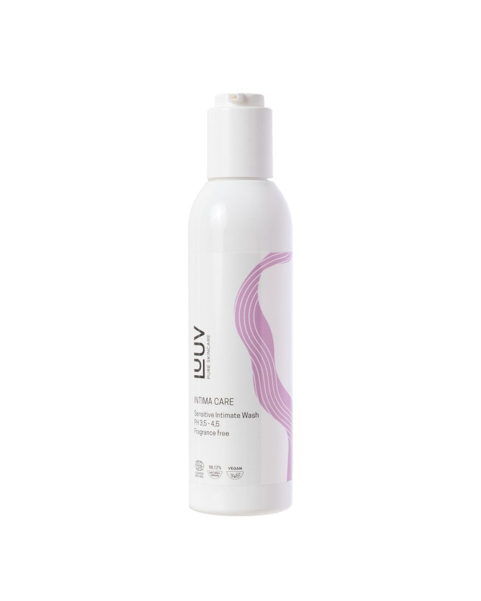 Vit plastflaska med pump för Sensitive Intimate Wash 200ml, lila vågtryck, fragrance free intimprodukten